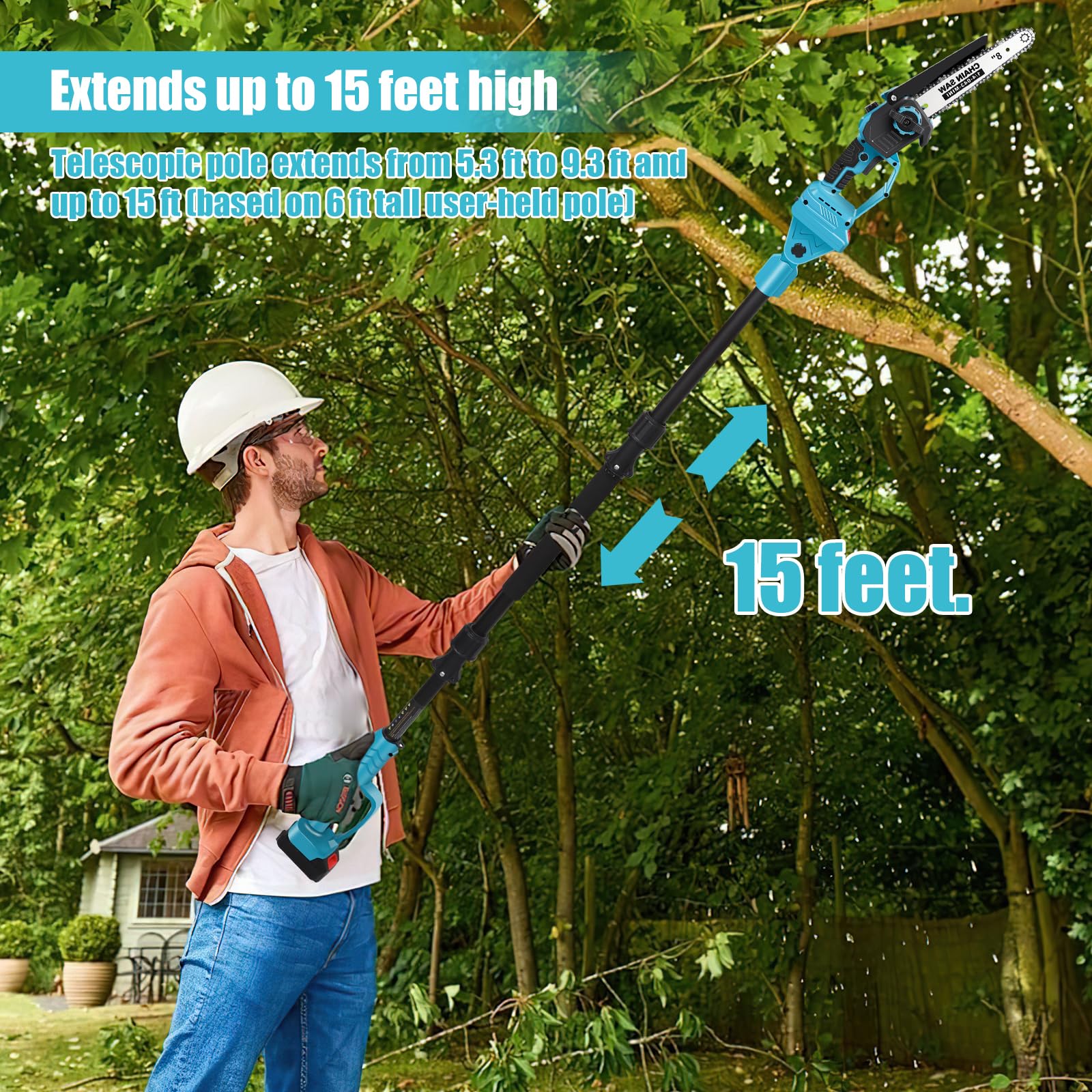 Élagueuse sans fil 2 en 1 et mini tronçonneuse de 20,3 cm avec 2 batteries de 6000 mAh et chargeur, moteur sans balais, tige télescopique de 2,8 m, pour arbres et branches hautes (batterie 2 x 6000