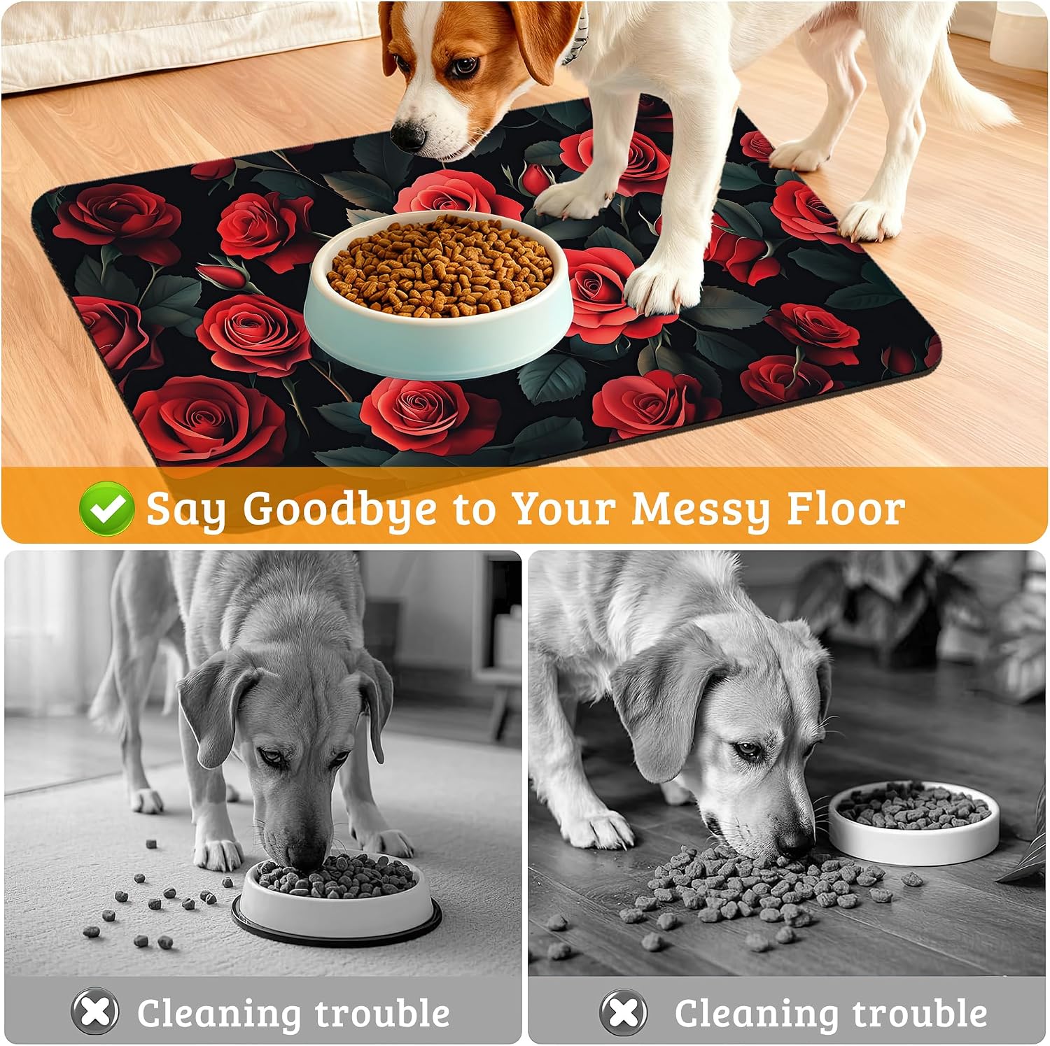 Retro Rose Feeding Mat,Green Leaf Absorbent Quick-Dry Cat Dog Food and Water Bowl Mats,Non-Slip Rubber Backing Mat,Cat Dog Accessories Supplies 16" x 24" image 4
