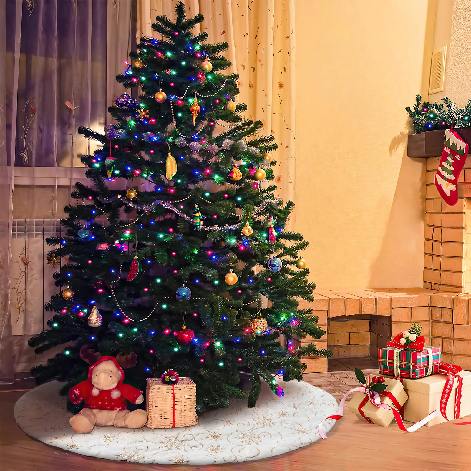 Dremisland Jupe de sapin de Noël en fausse fourrure avec flocons de neige à paillettes brodés pour Noël, Nouvel An, vacances, décoration d'intérieur (122 cm, doré)