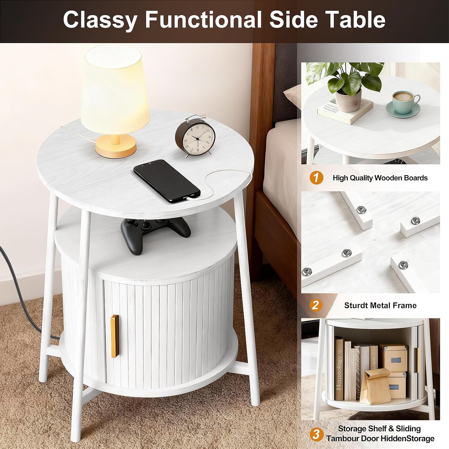 DHH Round End Tables with Charging Station, Fluted Accent Side Table with Sliding Door, Mid-Century Modern Nightstand for Small Space Storage, Living Room, Bedroom,Sofa Couch(1, White)