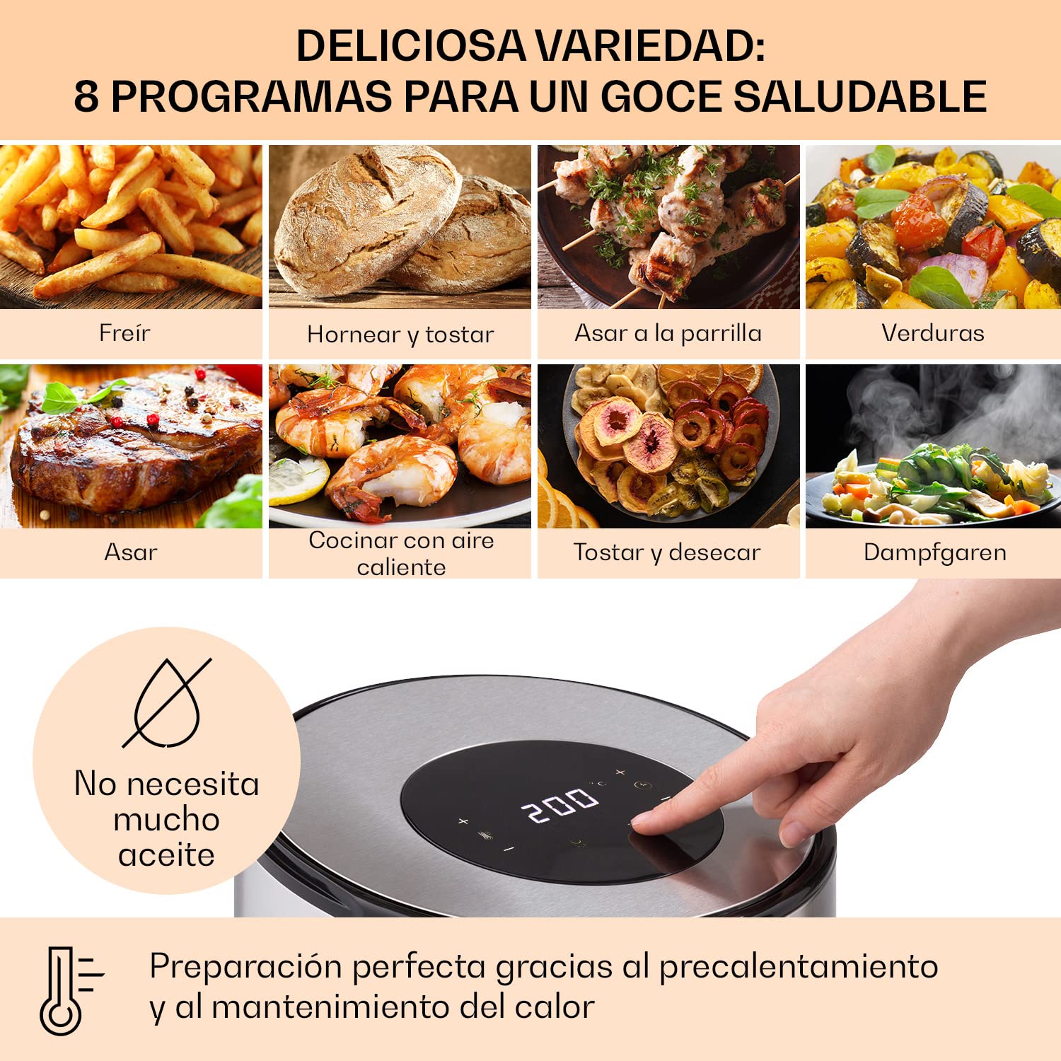 Klarstein Freidora de Aire Caliente, de 1500W de Calentamiento Rápido para Cocinas, Freidora Sin Aceite Digital de 4.3L, Pantalla Táctil, Temporizador, Temperatura Ajustable, Air Fryer 8 Programas