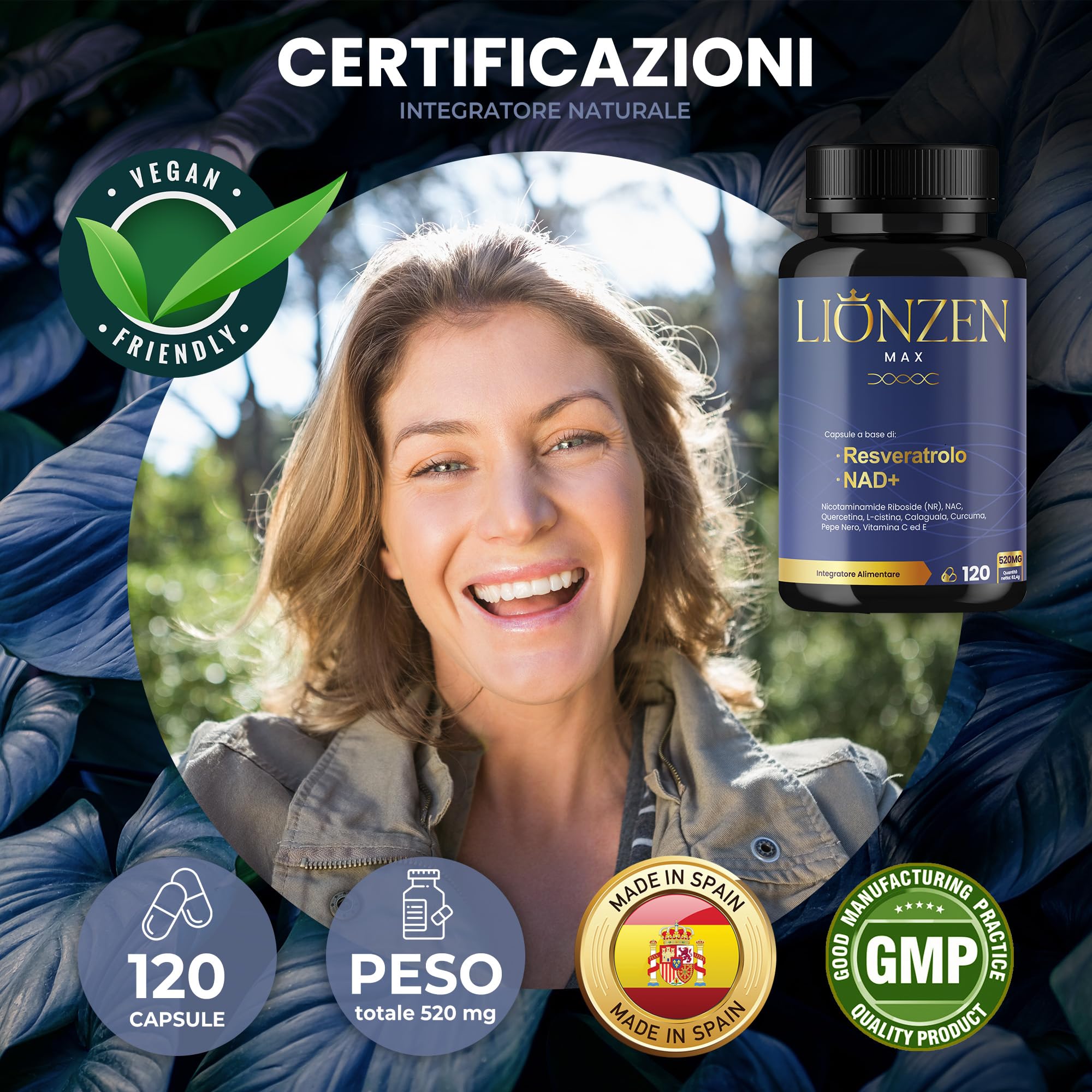 NAD+ Trans-Resveratrolo puro con 10 ingredienti anti-età | 1000 mg | Energia cellulare, longevità, vitalità | Nicotinamide Riboside, Quercetina, NAC, Curcuma, Pepe Nero | Lionzen Max