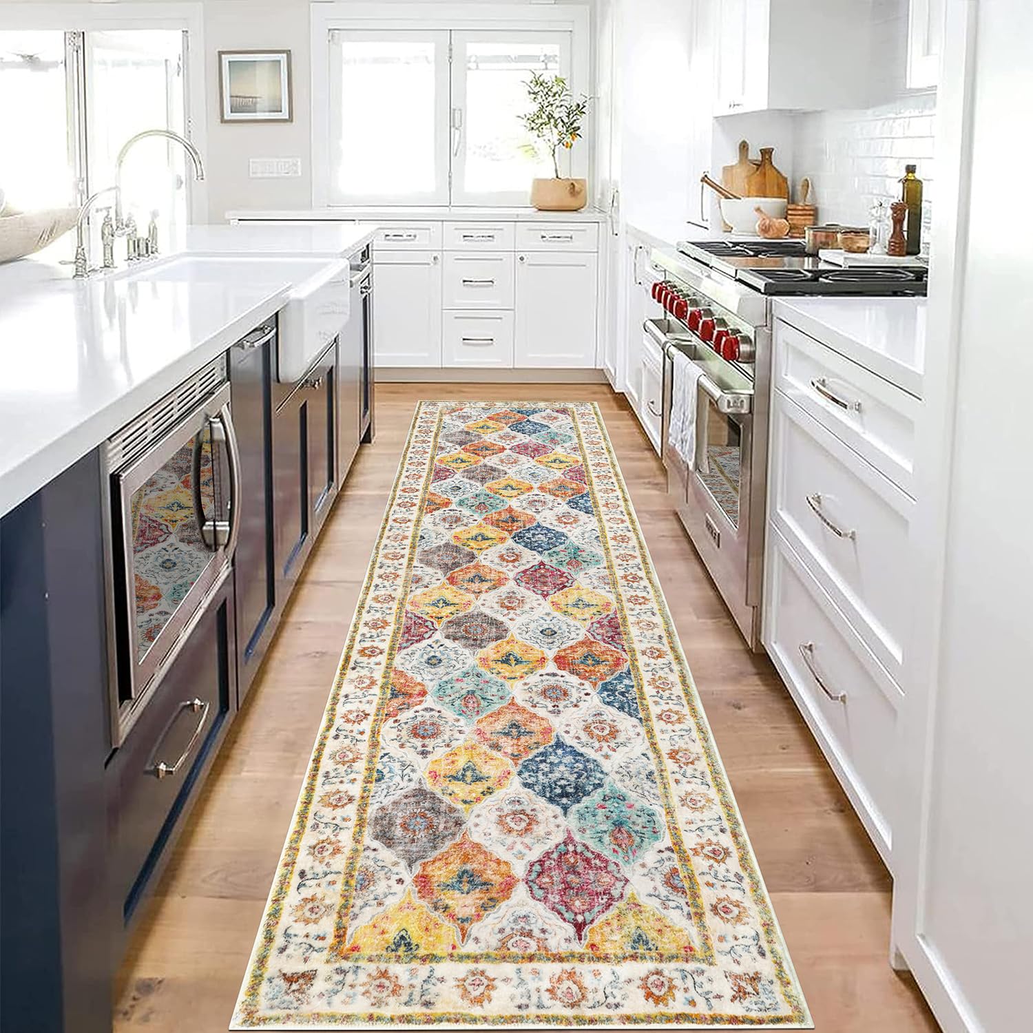 SHACOS Alfombra de Pasillo Larga 60x240cm Alfombra Corredor Antideslizante Estilo Bohemio Alfombras de Área Lavable Suave Geométrica para Pasillo, Salon, Dormitorio, Cocina, Lavandería