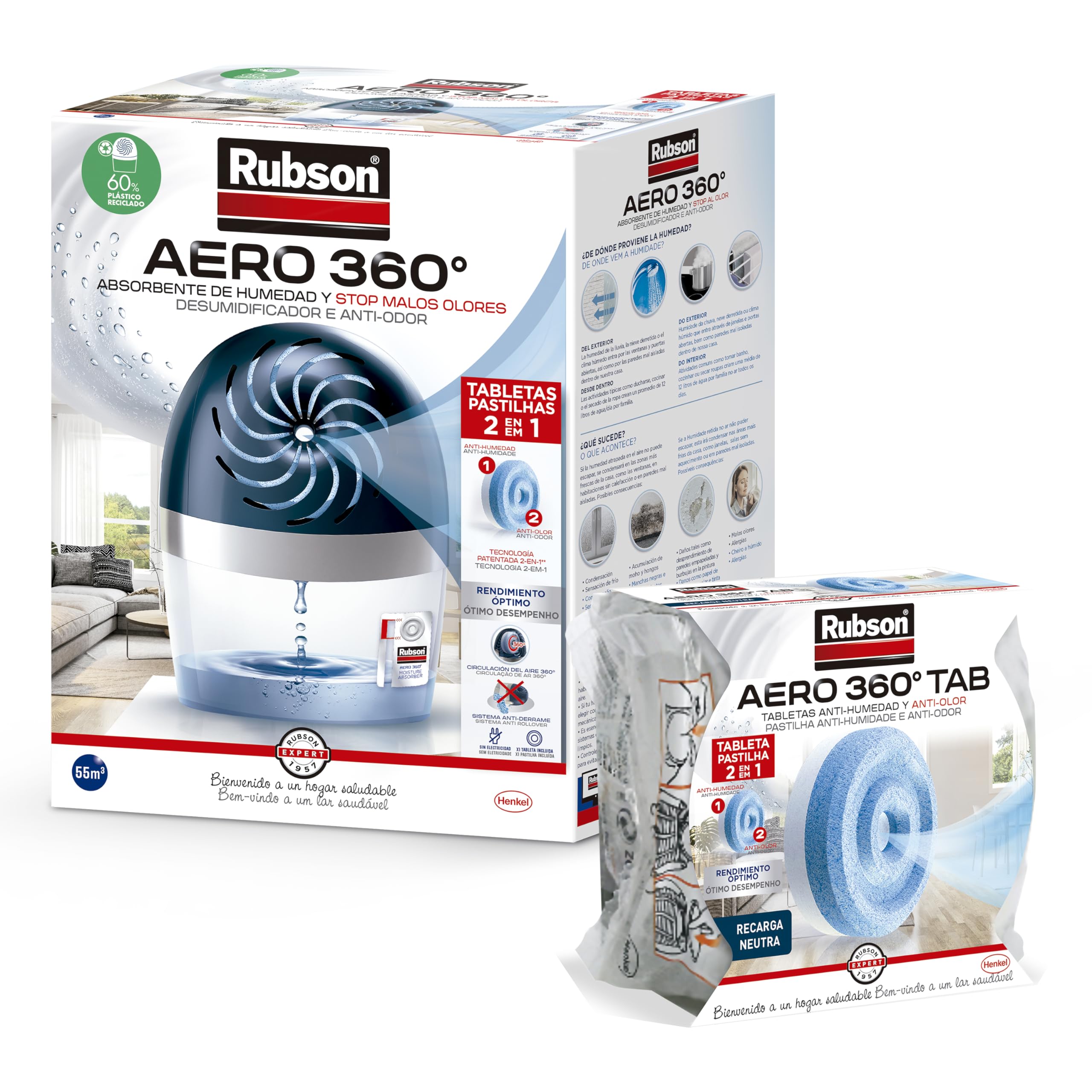 Lote de Rubson Aero 360º Deshumidificador recargable + 3 Tabletas de recambio Rubson Aero de olor neutro