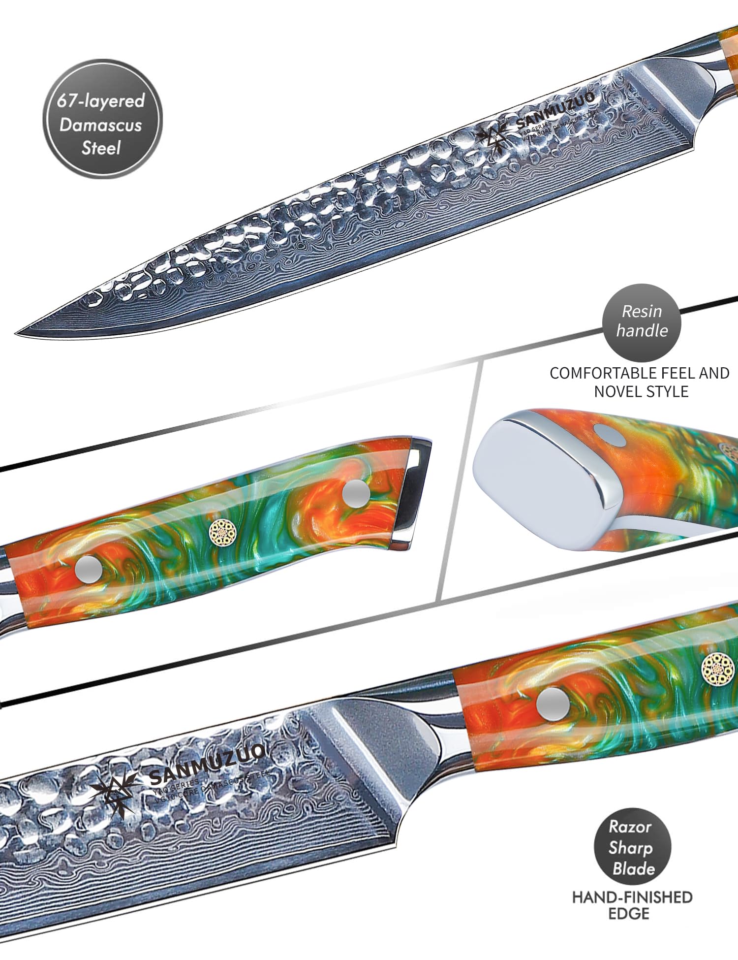Coltello da intaglio da 20 cm, coltello per affettare la carne, coltello giapponese per sushi - acciaio damasco martellato e manico in resina - Serie YAO