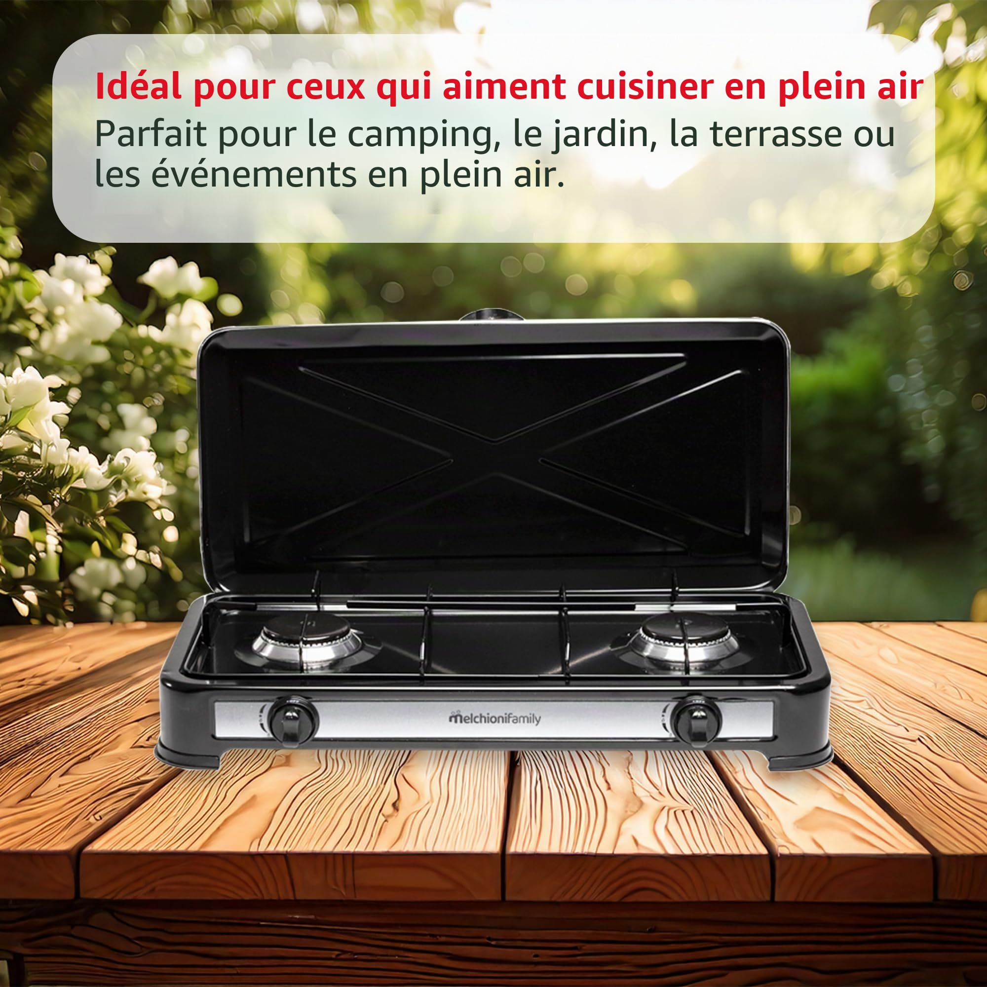 Melchioni Family | Réchaud à Gaz 2 Feux Noir MINERVA 2 – Compact, Puissant et Parfait pour le Camping et l’Outdoor