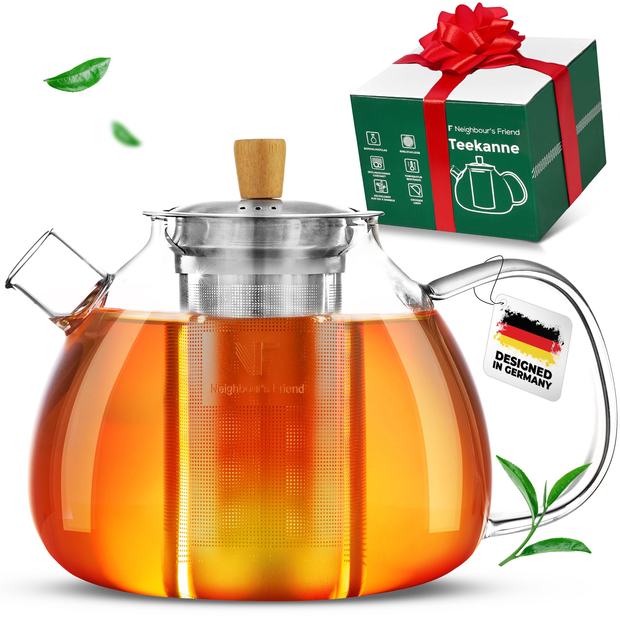 Neighbour's Friend 1.5 Litre Teapot Gift Box for Loose Tea & Tea Bags - Glass Teapot with Strainer Insert Large Drip-Free - 3-Piece Stainless Steel Strainer with Bamboo Lid Handle - Dishwasher Safe