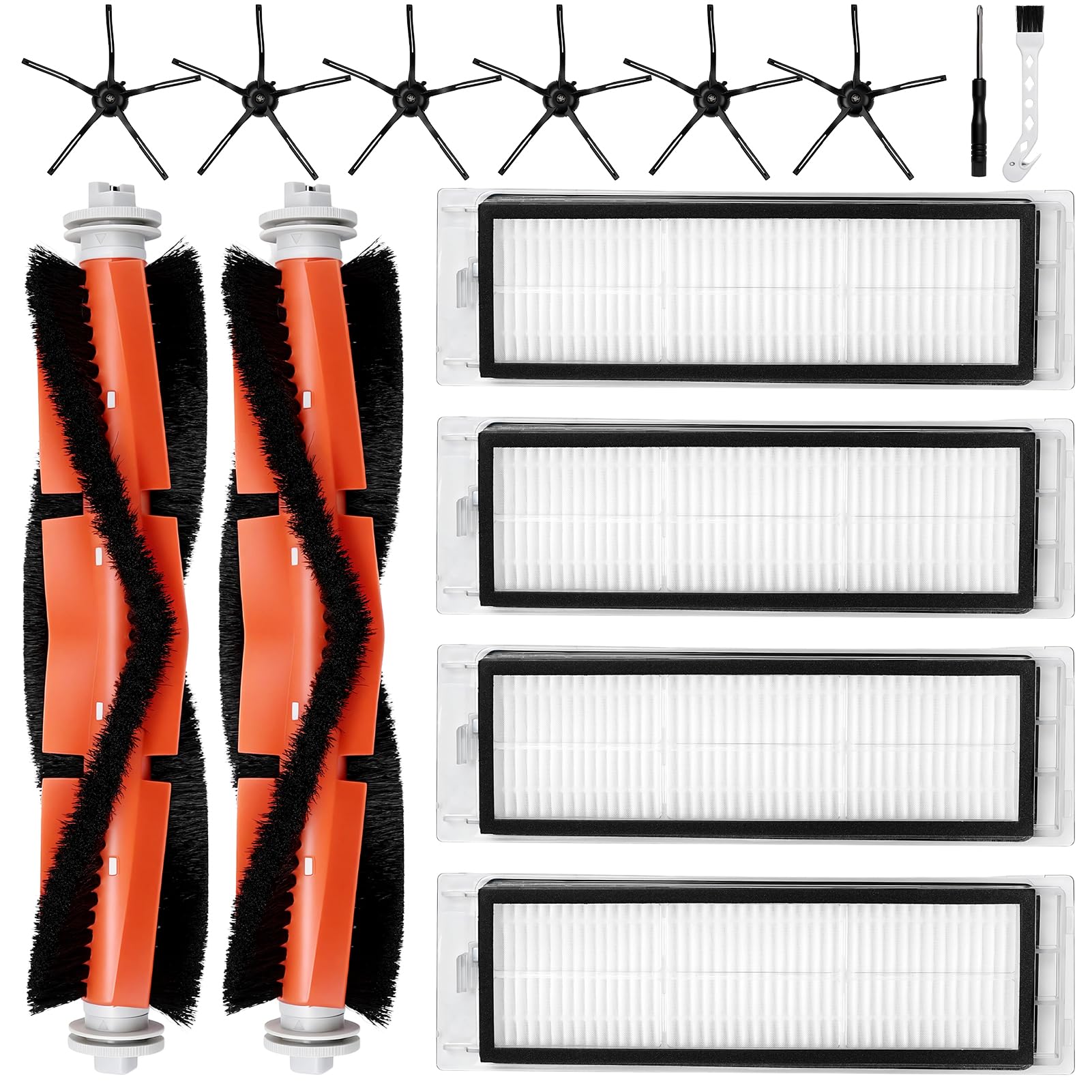 Vibrivio 14 Pcs Replacement Parts for Xiaomi Roborock S5/S50/S55/S5 Max/S6/S60/S6 Max, including 2 Main Brushes, 4 HEPA Filters, 6 Side Brushes, 1 Cleaning Brush, 1 Screwdriver
