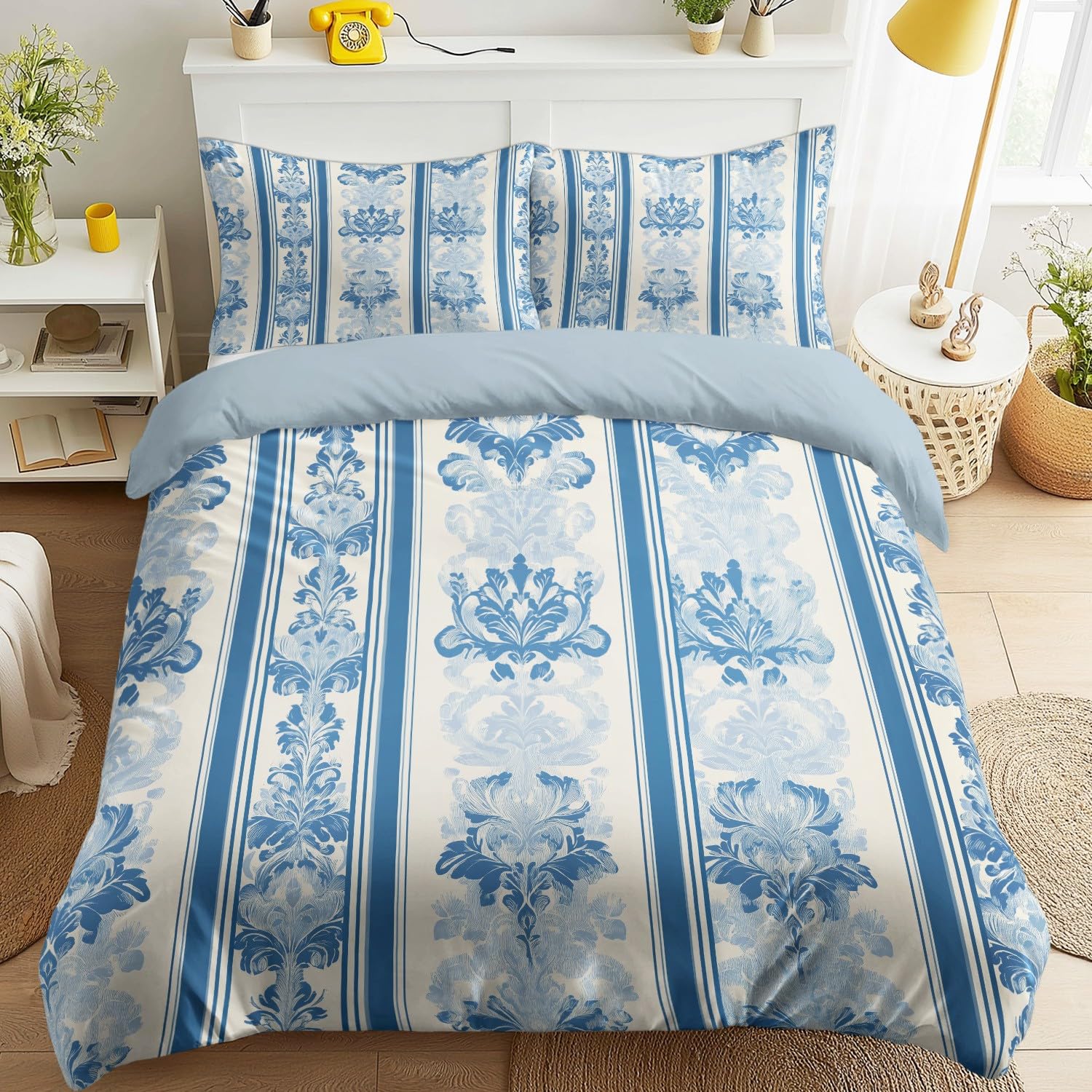 Housse de couette 220 x 200 cm bleu marine damas avec zip