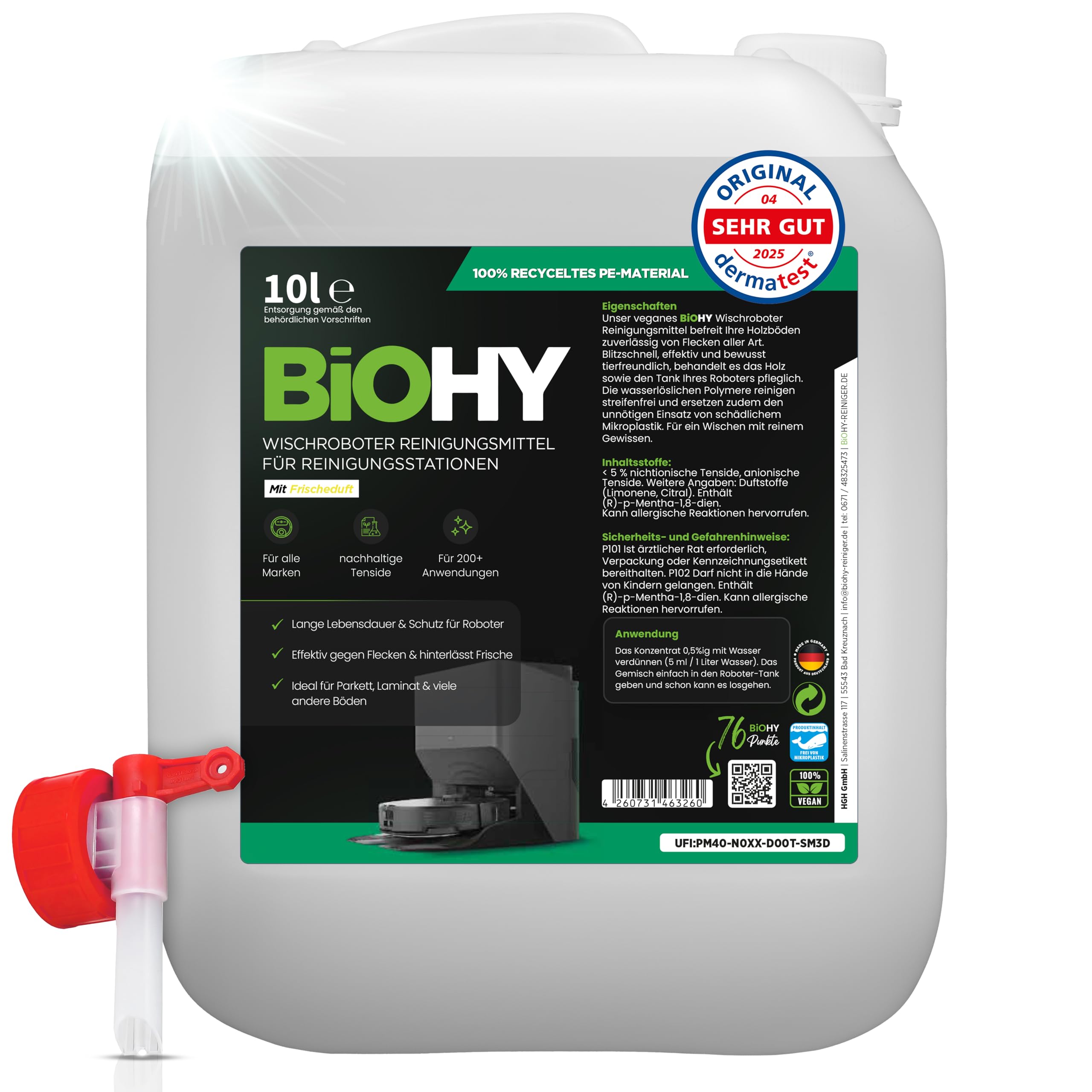 BiOHY Limpiador para robot limpiador para estación con aroma fresco (bidón de 10 L) + grifo de desagüe, limpiador de suelos, limpiador para limpiaparabrisas y robot aspirador concentrado para azulejos