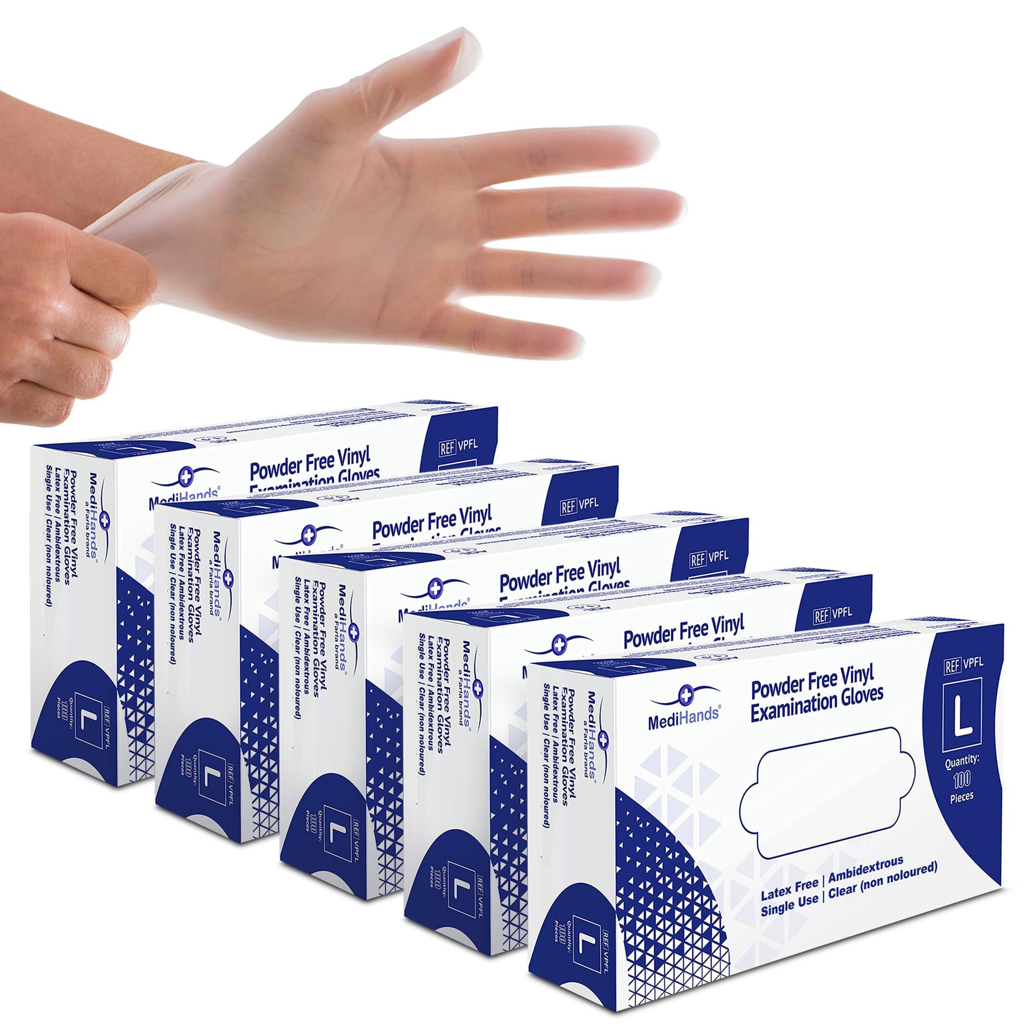 Farla MediHands Clear Large Vinyl Examination Gloves - Box of 500 Disposable, Powder-Free, Latex-Free, Protein-Free Medical Gloves - Multi-Purpose, Single-Use