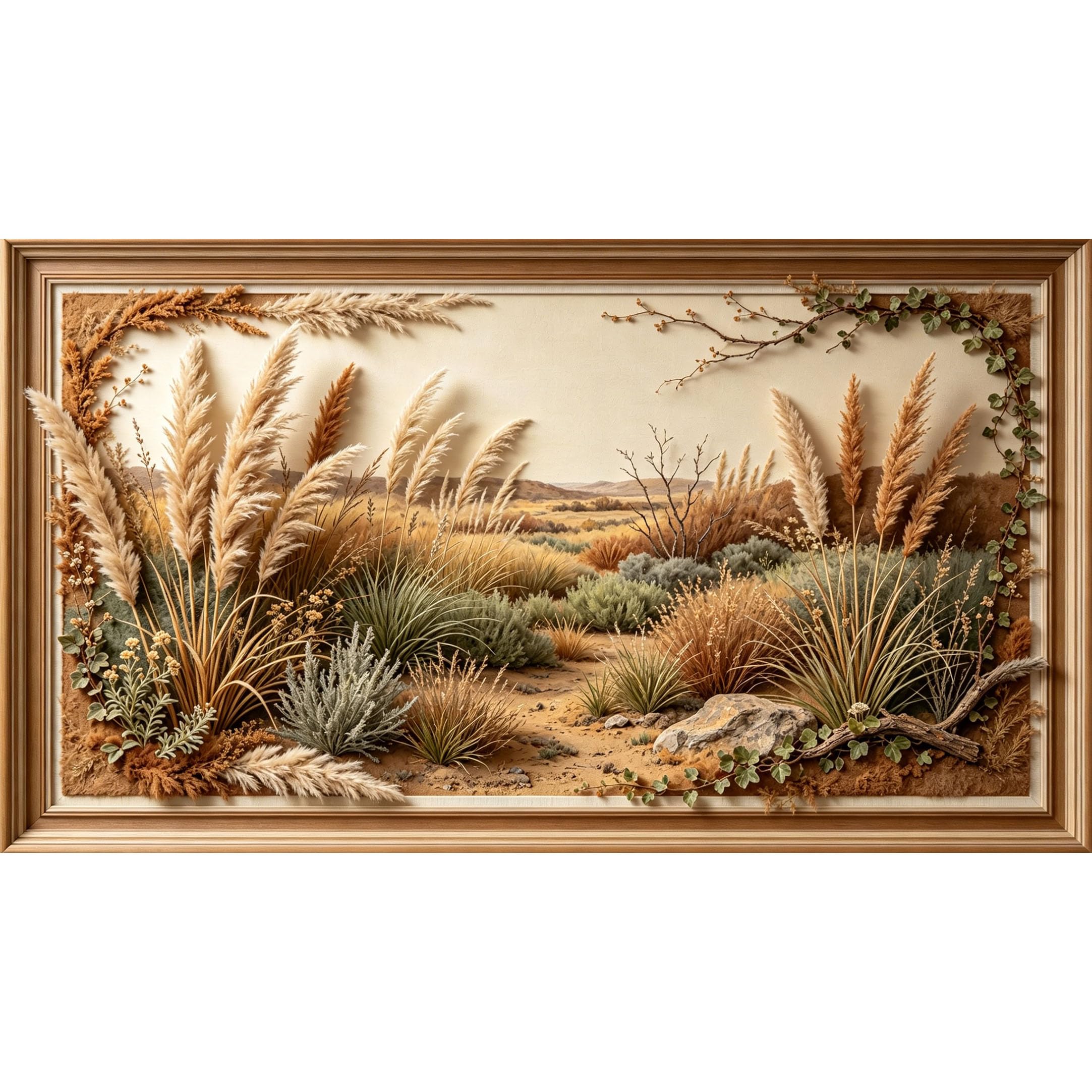 QZLITHOTIC 50x90cm3D Framed Wall Art， Botanical Desert Landscape Pampas Grass Scene Self‑Adhesive Mural， Water‑Activated Peel & Stick Fabric Decor Wall Decal for Bedroom Living Room