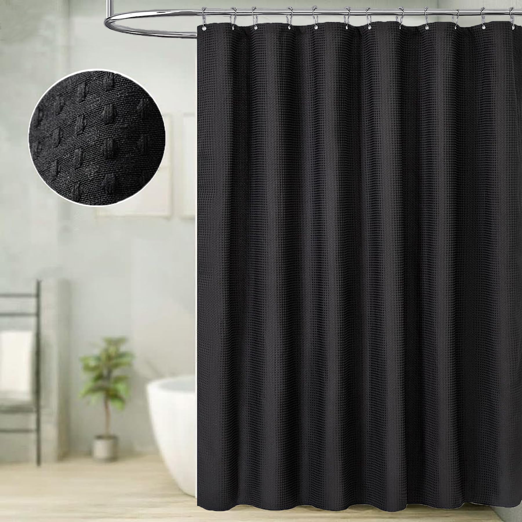 Wekayli Black Shower Curtain - Waffle Textured Heavy Duty Thick Fabric Shower Curtains for Bathroom, with Grommets and 12 Stainless Steel Hooks 72''