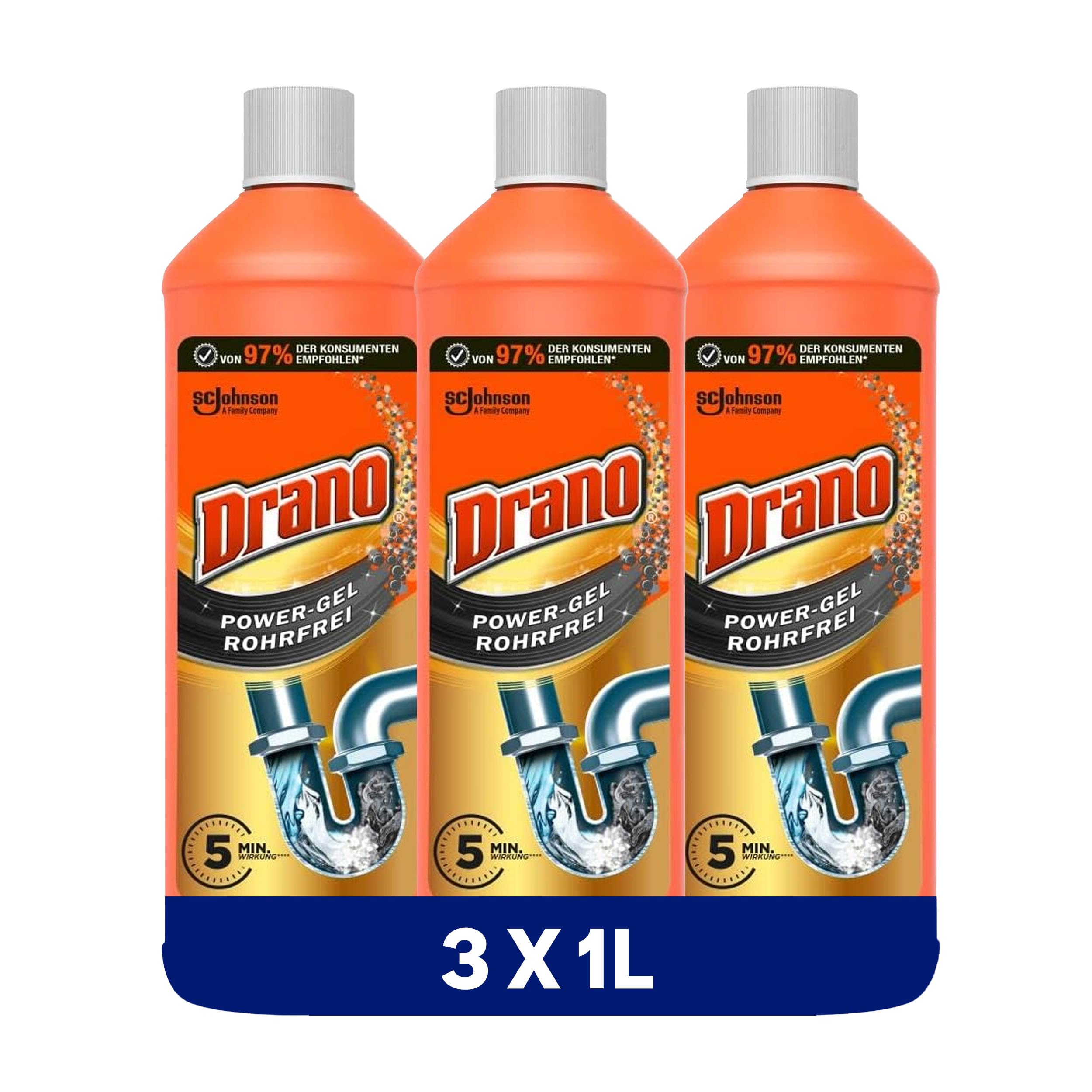Drano Extra Stark, Abflussreiniger, Rohrreiniger für Küche & Bad, 3er Pack 1 l (3er Pack) Gel