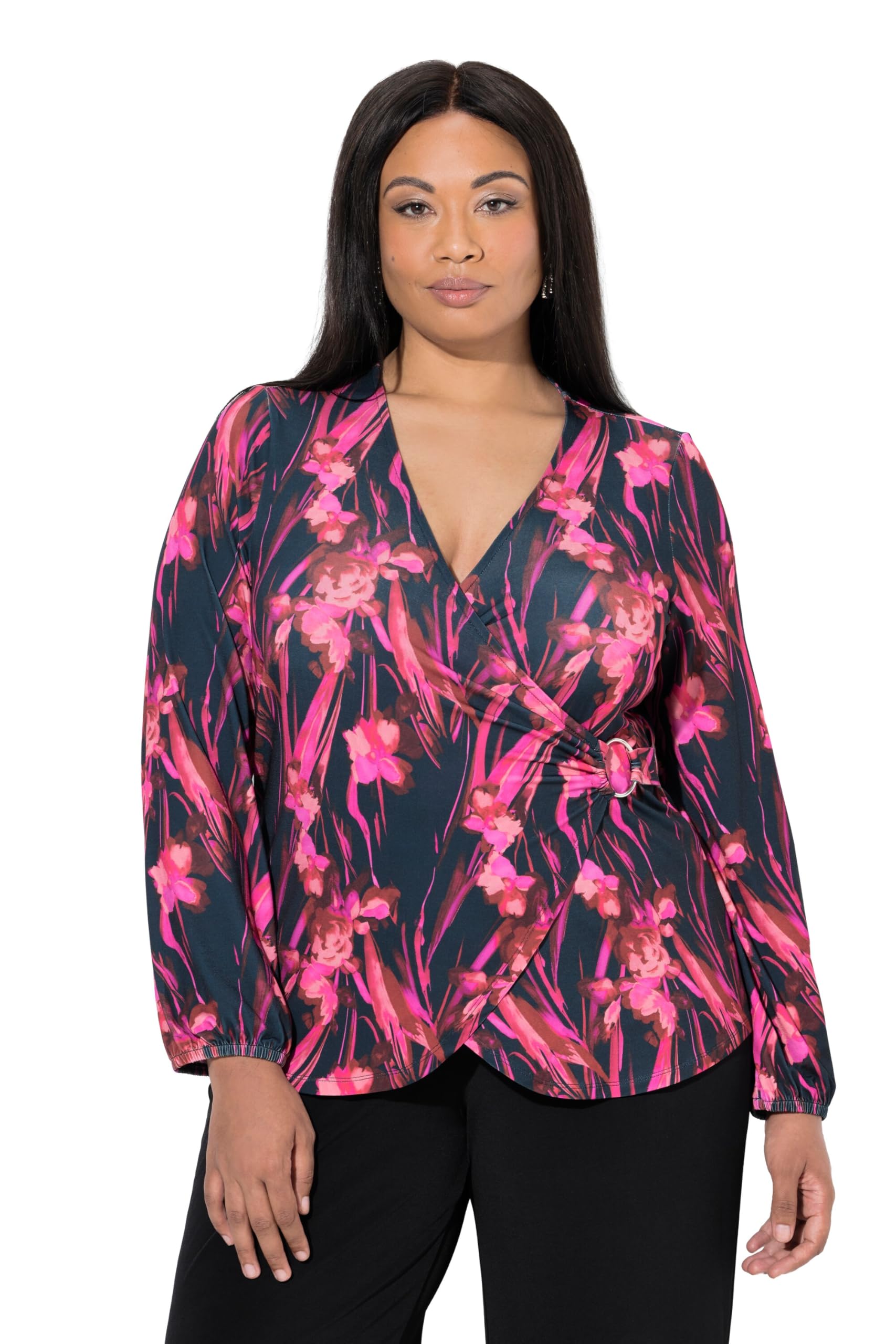 Ulla Popken Damen große Größen Übergrößen Plus Size Shirt, Blüten, Wickeloptik, V-Ausschnitt, Langarm 847426