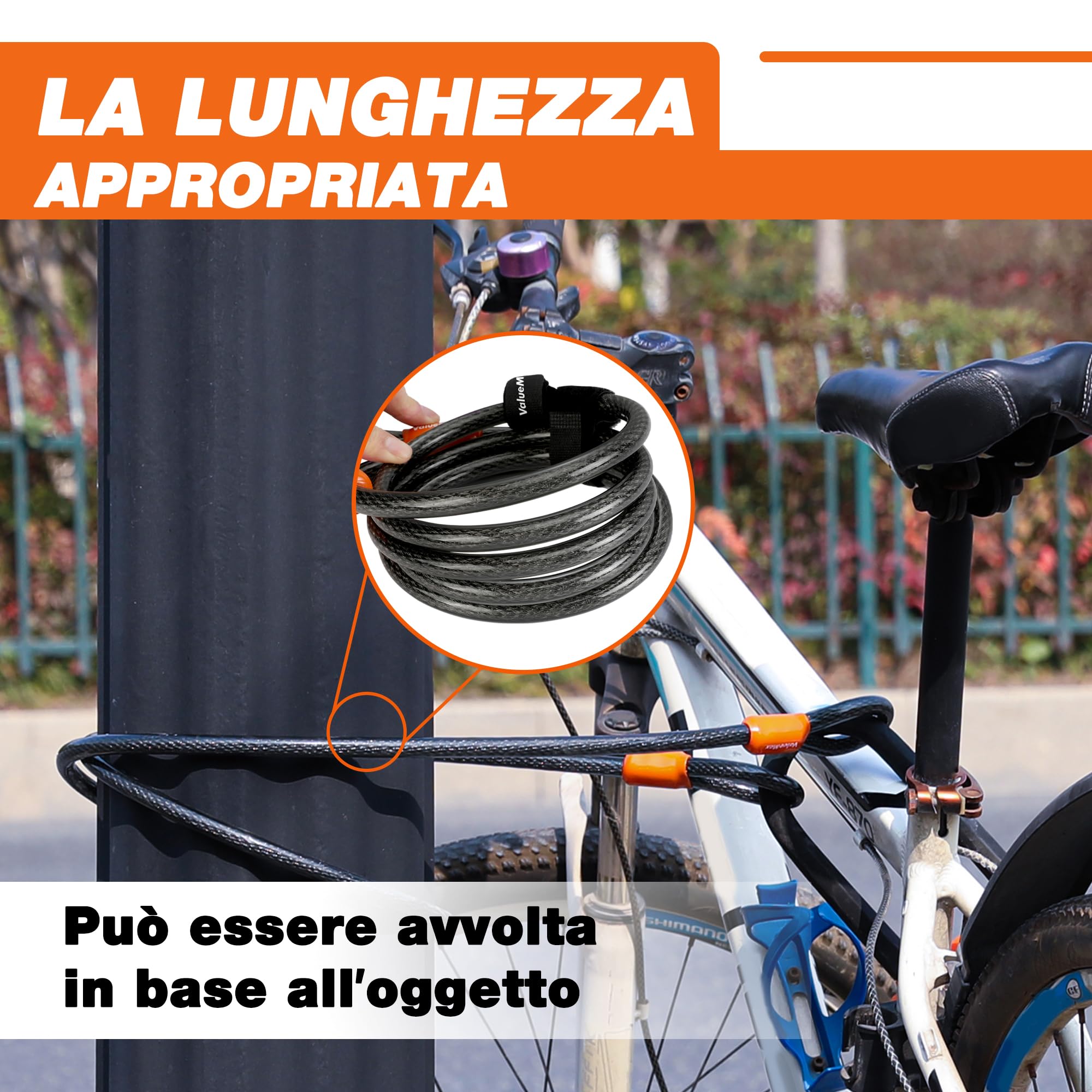 ValueMax Cavo di Sicurezza Bici 213cm x 12mm, Cavo Acciaio Doppio Anello con Rivestimento in PVC, per una Protezione Completa quando Utilizzato con Lucchetto a U
