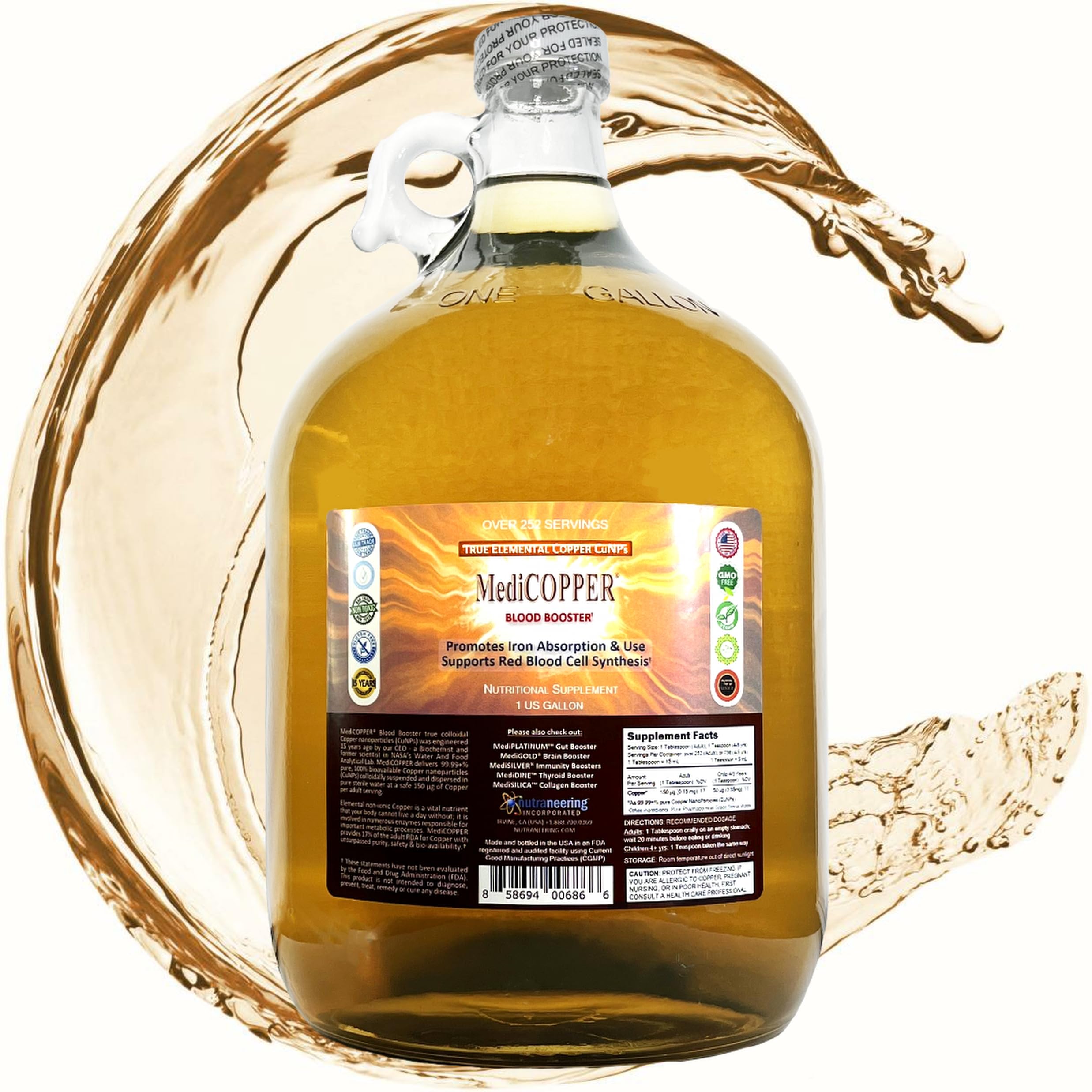 MediCOPPER True Colloidal Copper Dietary Supplement - 1 US Gallon in Clear Glass Jug