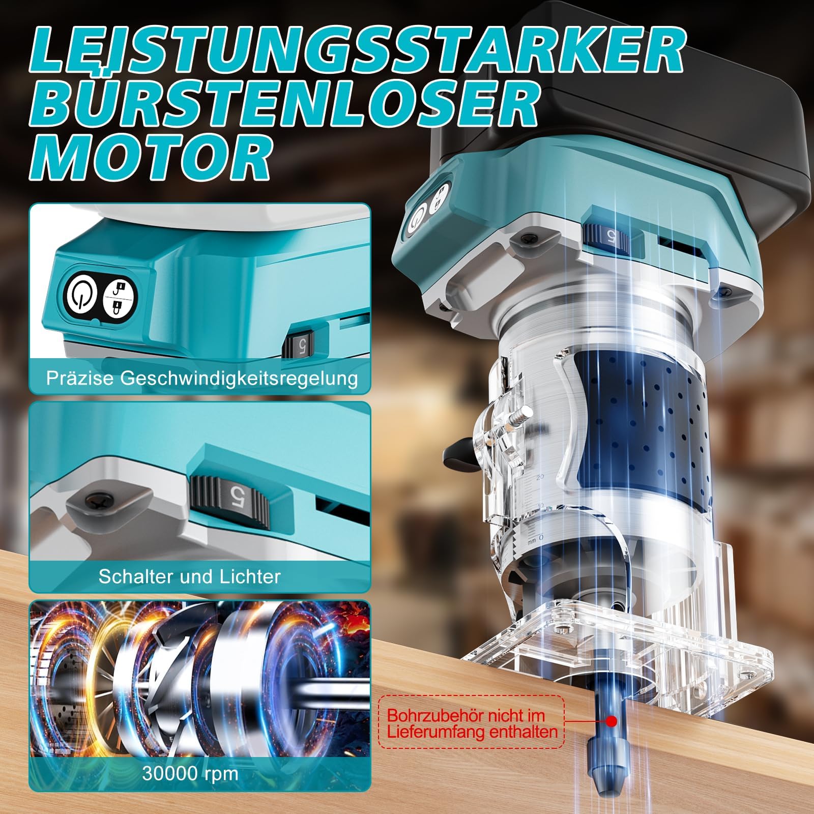 Akku Oberfräse kompatibel mit Makita 18V Akku, 5 Geschwindigkeiten,800W 30000RPM, Oberfräse Trimmer Einhandfräse,Holzbearbeitung (no Akku)