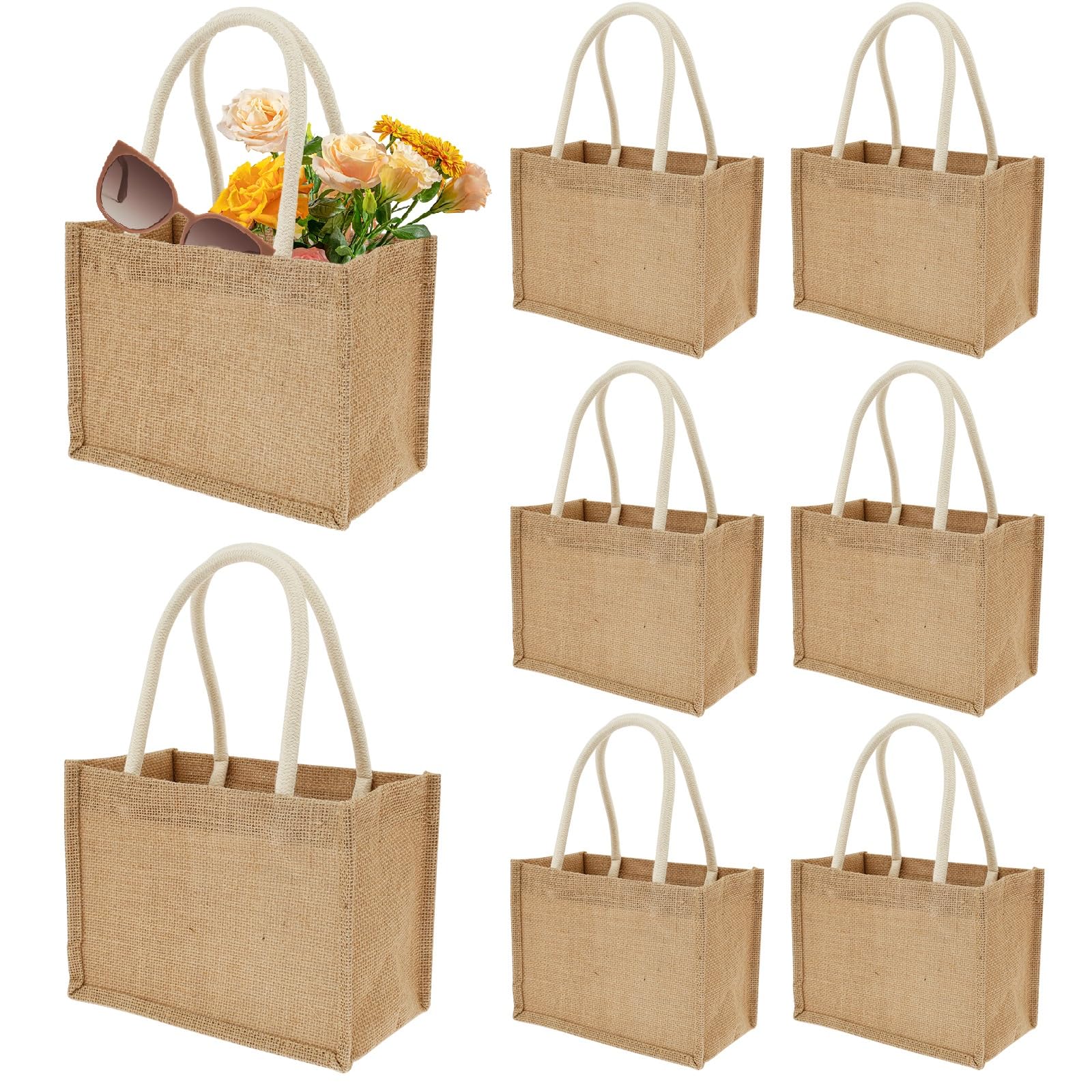 8Pack Burlap Tote Bags, 23×11x16cm Jute Gifts Tote with Handles, Small Beach Bags, Grocery Shopping Bag for Thanksgiving, Christmas, Bridesmaid, DIY, Shopping, Pool, Wedding(8Pack)