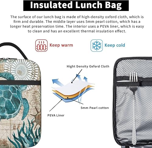 Miniatura 5 de Bolsa de almuerzo portátil de tortuga marina azul con mapa náutico retro oceánico, bolsa de comida aislada, reutilizable, bolsa enfriadora,