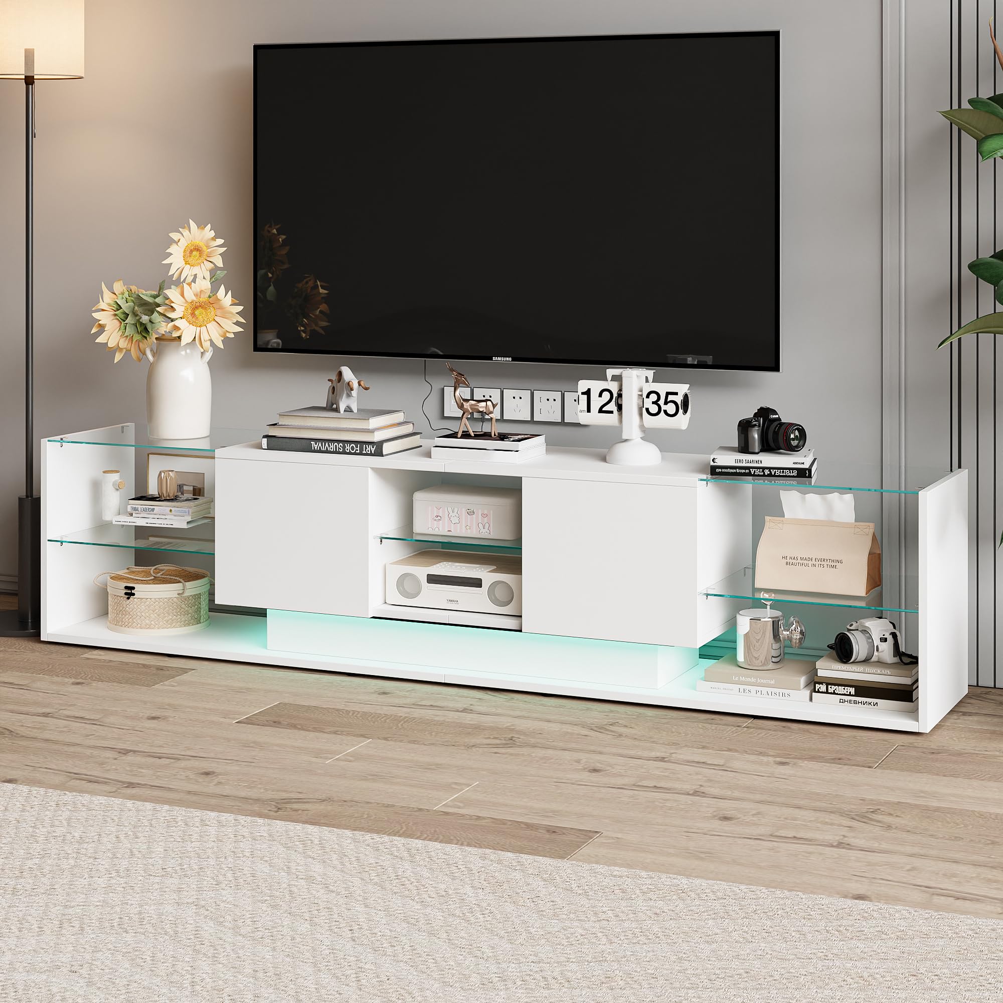 Meuble TV LED, Meuble TV Blanc Brillante, Armoire De Télévision avec 2 Tiroirs, étagères Ouvertes en Verre, Meuble Tele, Moderne Table Television pour Salon Ou Chambre, 200x35x45 cm, Blanc