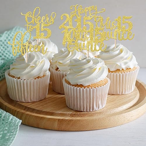 Miniatura 201 de Rsstarxi Paquete de 30 adornos para cupcakes de 15 cumpleaños con purpurina Mis Membrillo 15 desde 2010 Feliz 15º Cupcake Toppers Quince Cheers to