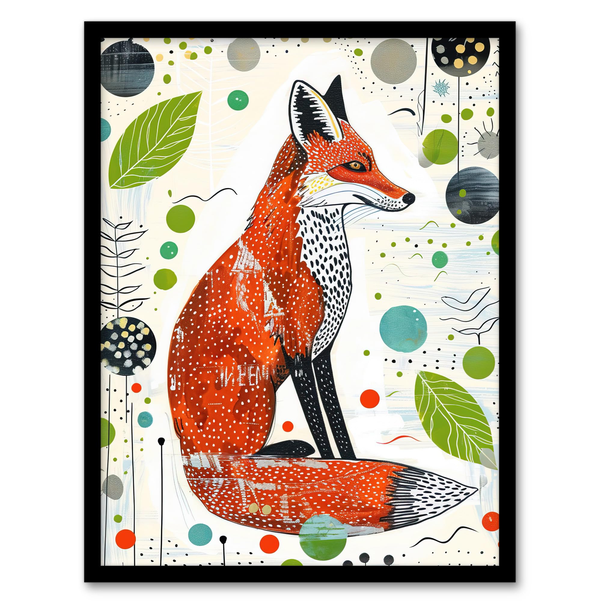 Artery8 Fox Folk Art Simple Bright Abstract Design Kids Bedroom Artwork Framed Wall Art Print A4