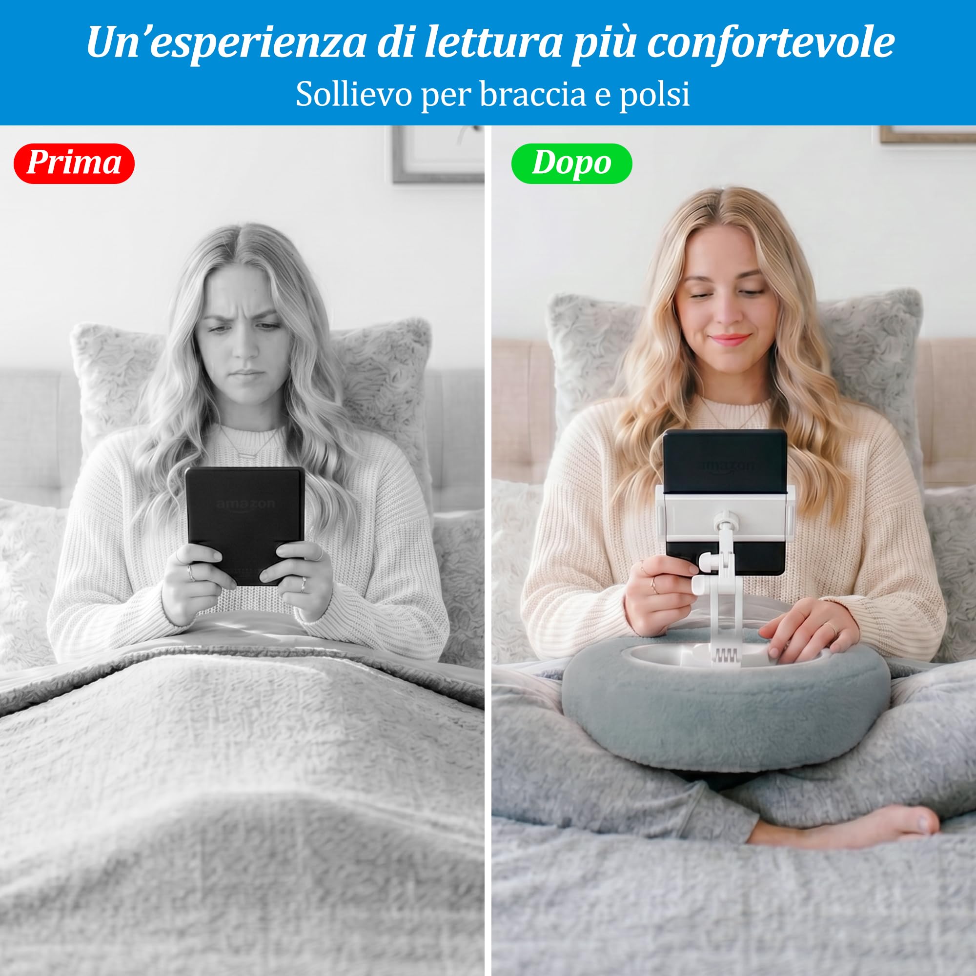 PlusAcc Cuscino per Kindle con 3 ciotole per snack – Cuscinetto porta-tablet, regolabile 360° per l’uso in grembo, supporto lettura mani libere per Kindle, Kobo, tablet, lavabile (Grigio)