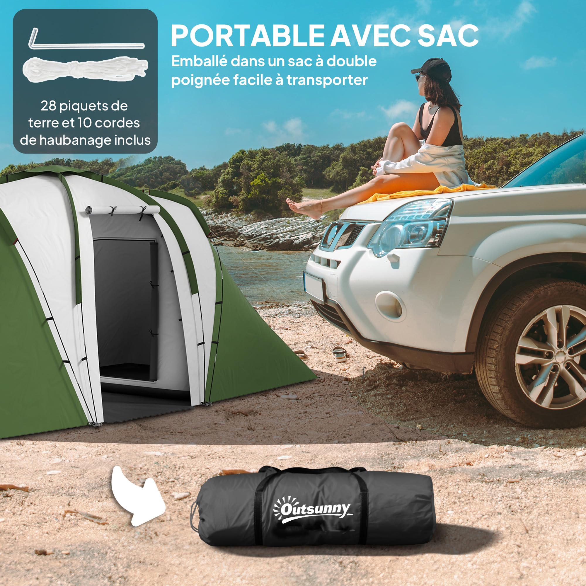 Outsunny Tente Tunnel Tente de Camping familiale 4-6 pers. légère ventilée Facile à Monter - 2 Grandes Portes 5,55 x 2,25 x 1,9 m Fibre Verre Polyester