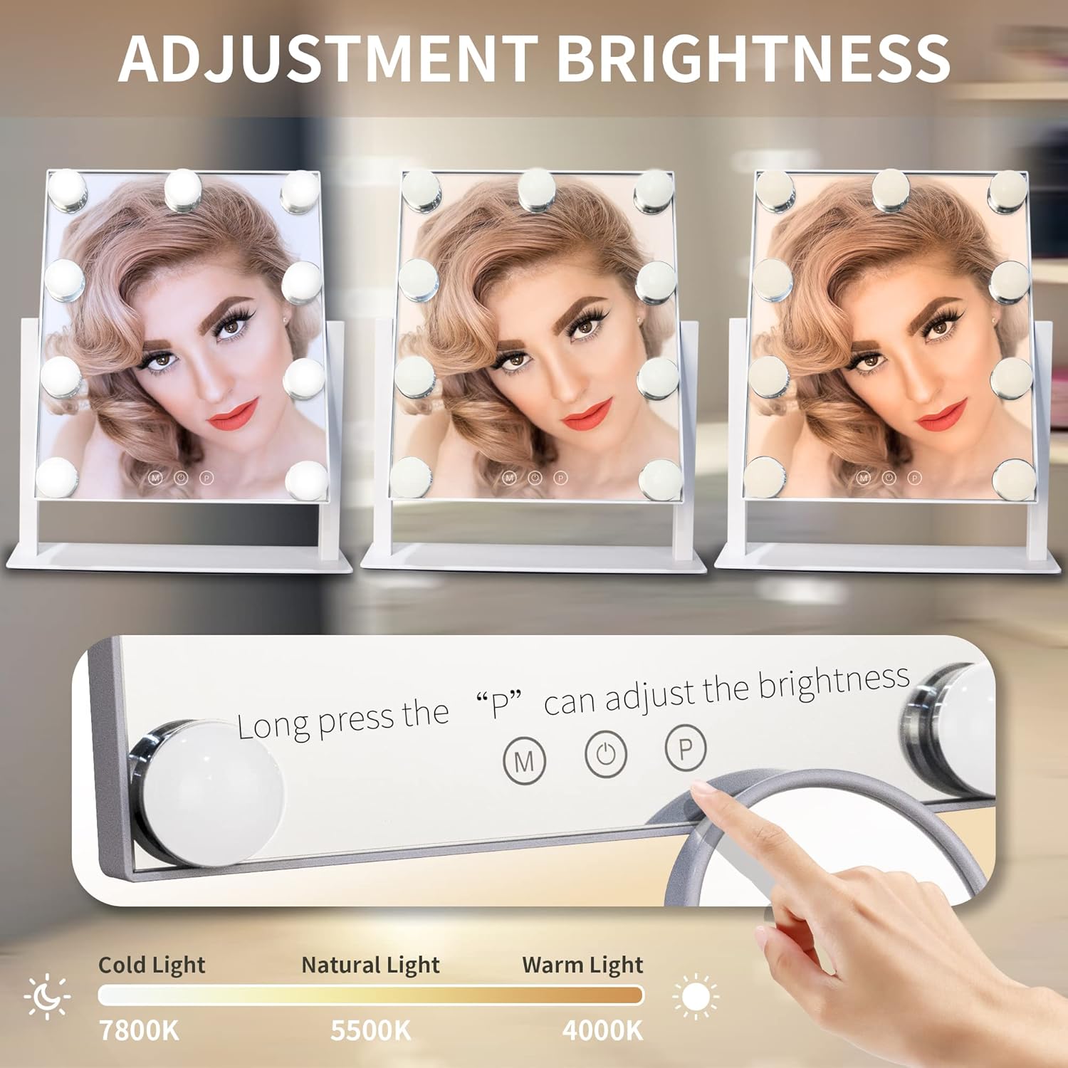 Hollywood Vanity Mirror with Lights, 9 Dimmable LED Bulbs Lighted Makeup Mirror with Detachable 10X Magnification Mirror, 1200mAh Rechargeable, 3 Color Lights, Gifts for Women Mom Teen Girls - Image 4