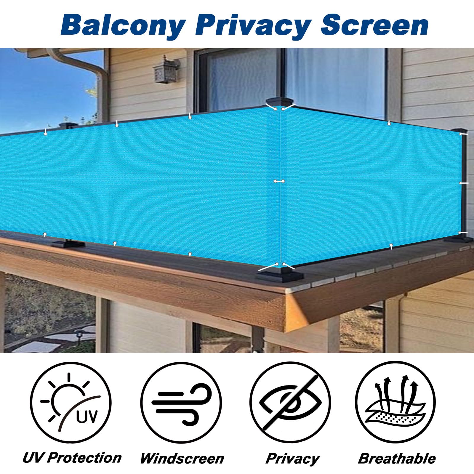 Ekrany Balkonowe 115 x 700 cm Promieniowaniem Uv, Oddychająca Osłony Balustrad Ogrodzeniowych Z Oczkami Na Linę Na Zewnątrz, Do Ogrodu, Na Patio, Na Taras, Niebieskie niebo