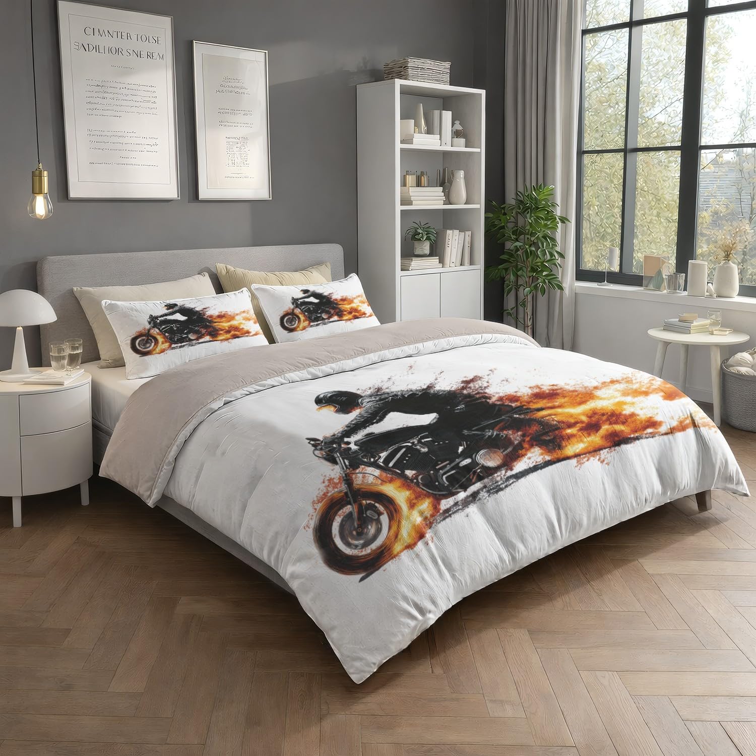 Czarny pomarańczowy nowoczesny wibracyjny motocykl poszwa na kołdrę 200 x 200 cm, kreskówkowy miękki zestaw pościeli z mikrofibry z zamkiem błyskawicznym 3-częściowy z 2 poszewkami na poduszki