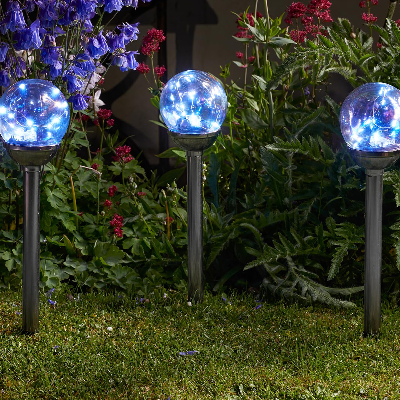 Set of 4 Solar Powered Firefly Opal Stake Lights – Weatherproof Outdoor Garden Glass Orb LED Lighting for Pathway, Driveway, Lawn, Border, Patio, Decking, Yard – Each H47 x 10cm Diameter