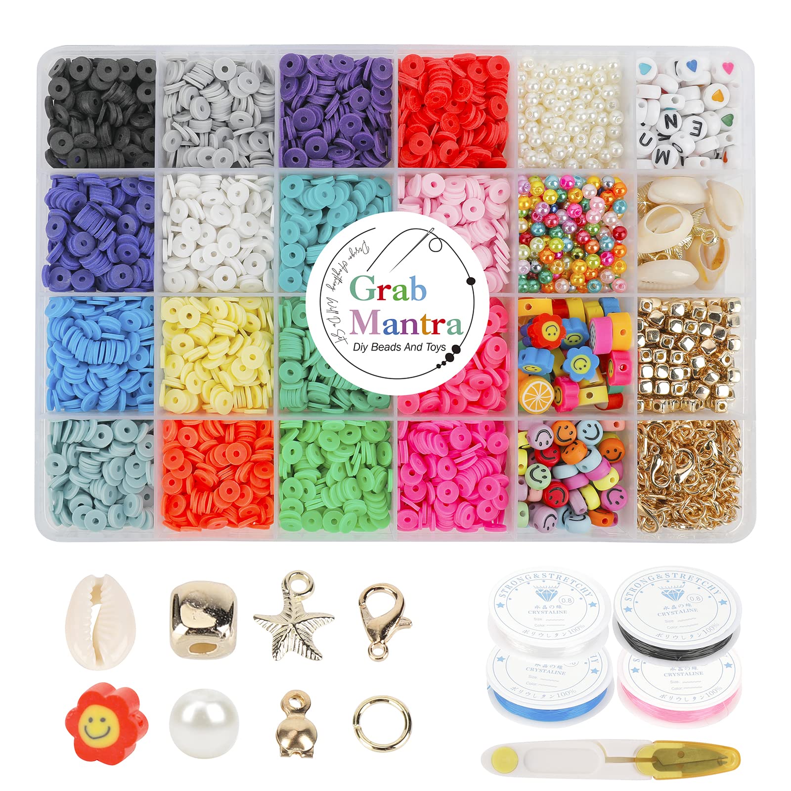 Grab Mantra 5400 PCS Flat Round Clay Beads for Bracelet Making Kit, Spacer Beads Kit for DIY Jewelry Making, 6mm Disc Flat Beads for Beads Necklace Making Kit(Clay+Charms 2)