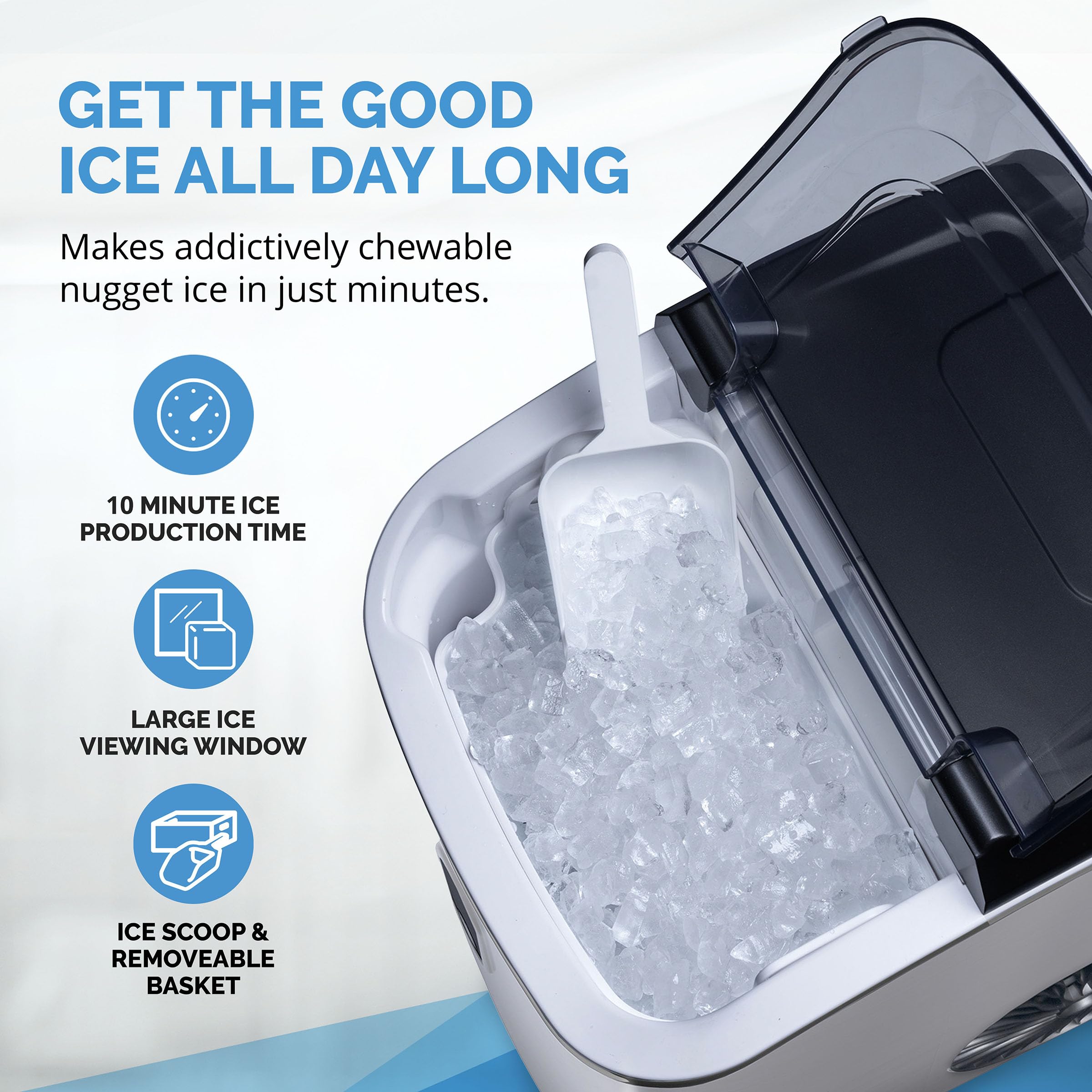 Newair Countertop Nugget Ice Maker, 26 lbs/Day Sonic Ice Machine in Stainless Steel – Self-Cleaning, Refillable Tank, Chewable Ice for Home, Kitchen, Office, or Coffee Bar on Fridge.com