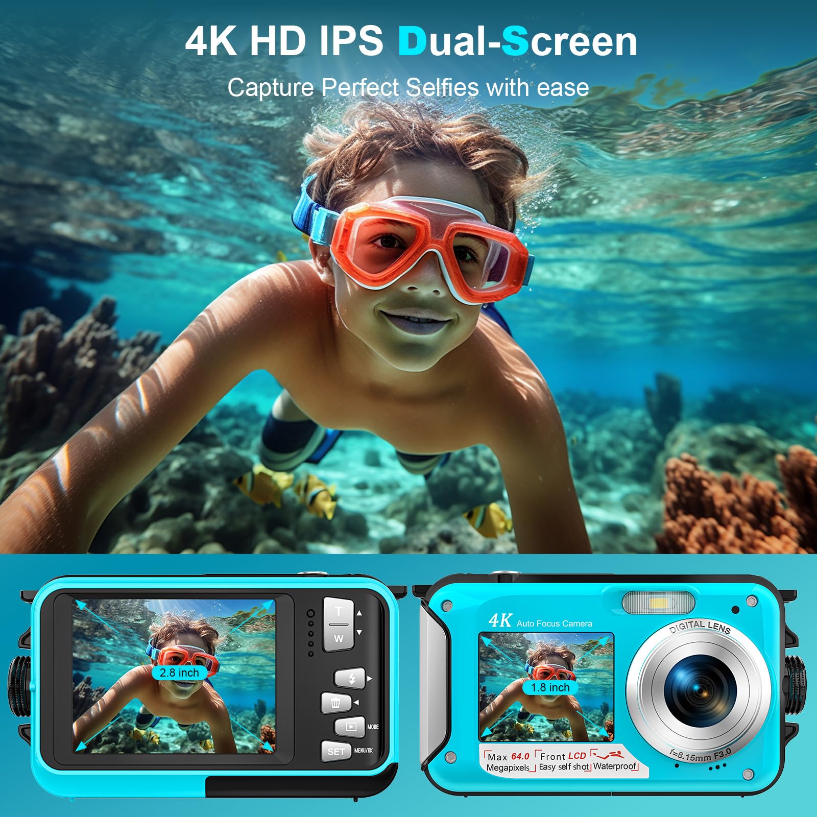 Digitalkamera, Yixinxin 4K Unterwasserkamera, 64MP Autofokus 16FT Digitalkamera wasserdichte mit 32GB Karte, Dual-Screen Selfie 1250mAh Batterie, 16X schwimmfähig Digital für Schnorcheln
