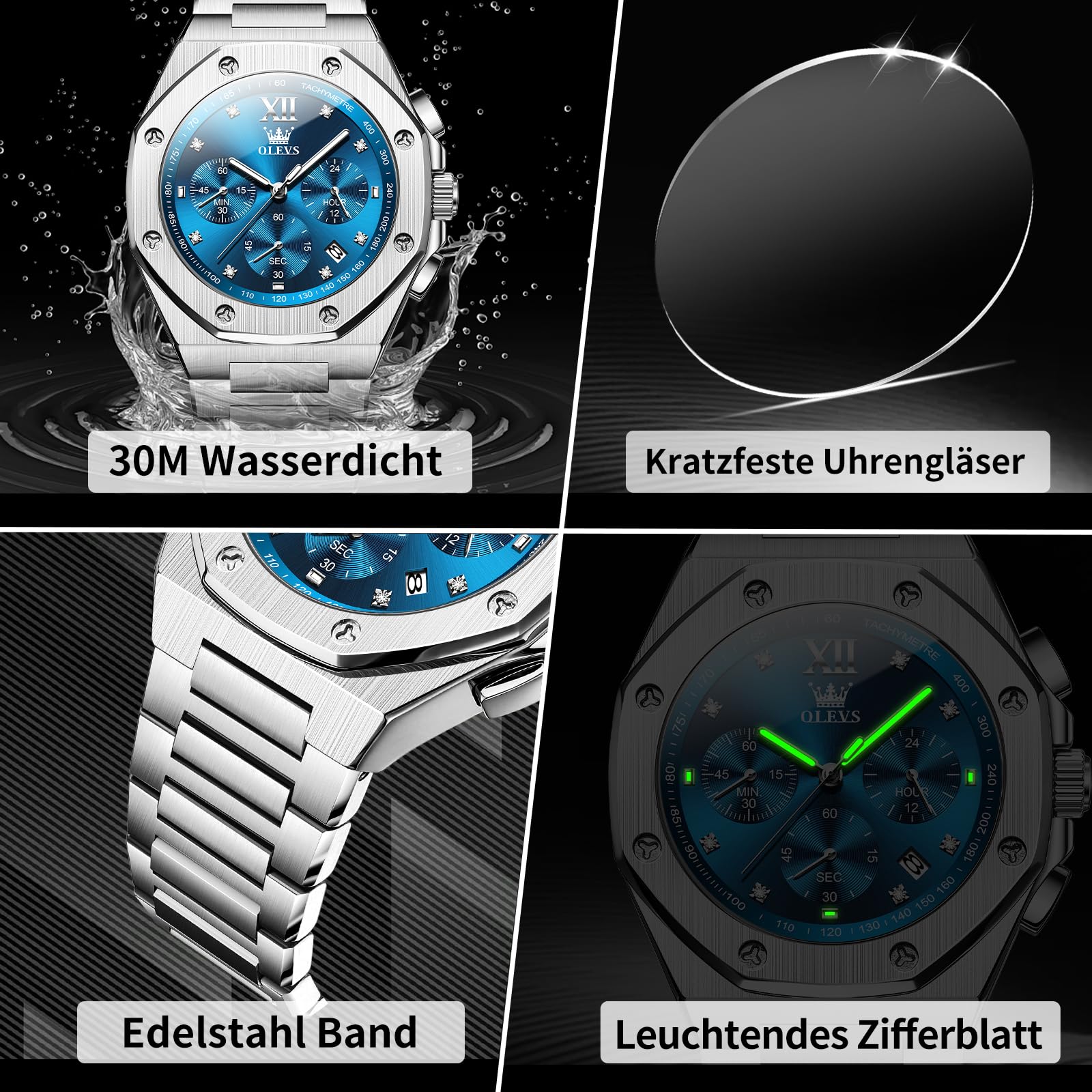 OLEVS Edelstahl Herren Armbanduhr Wasserdicht Leuchtend Großes Zifferblatt Uhren Herren mit Datumsanzeige Schicke Geschenke für Männer