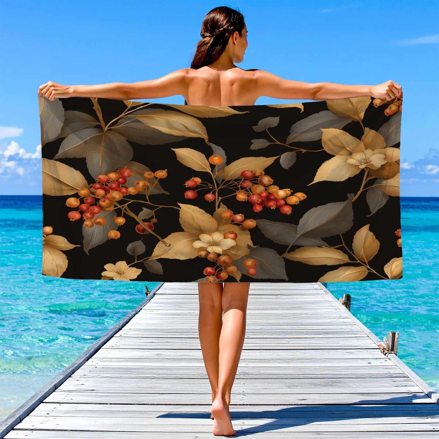 Générique Serviette de Plage Microfibre 200 x 100 CM,Drap de Plage Réaliste, Luxe, Couverture de Plage Absorbante,Couverture de Bain Hyperréaliste, Exquis, Feuilles, Baies