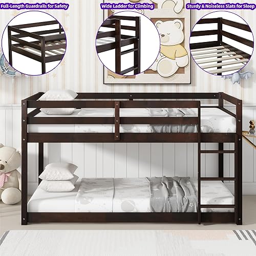 Miniatura 66 de Litera baja individual sobre individual, base de cama de madera maciza con escalera y barandillas de seguridad, literas individuales para niños y