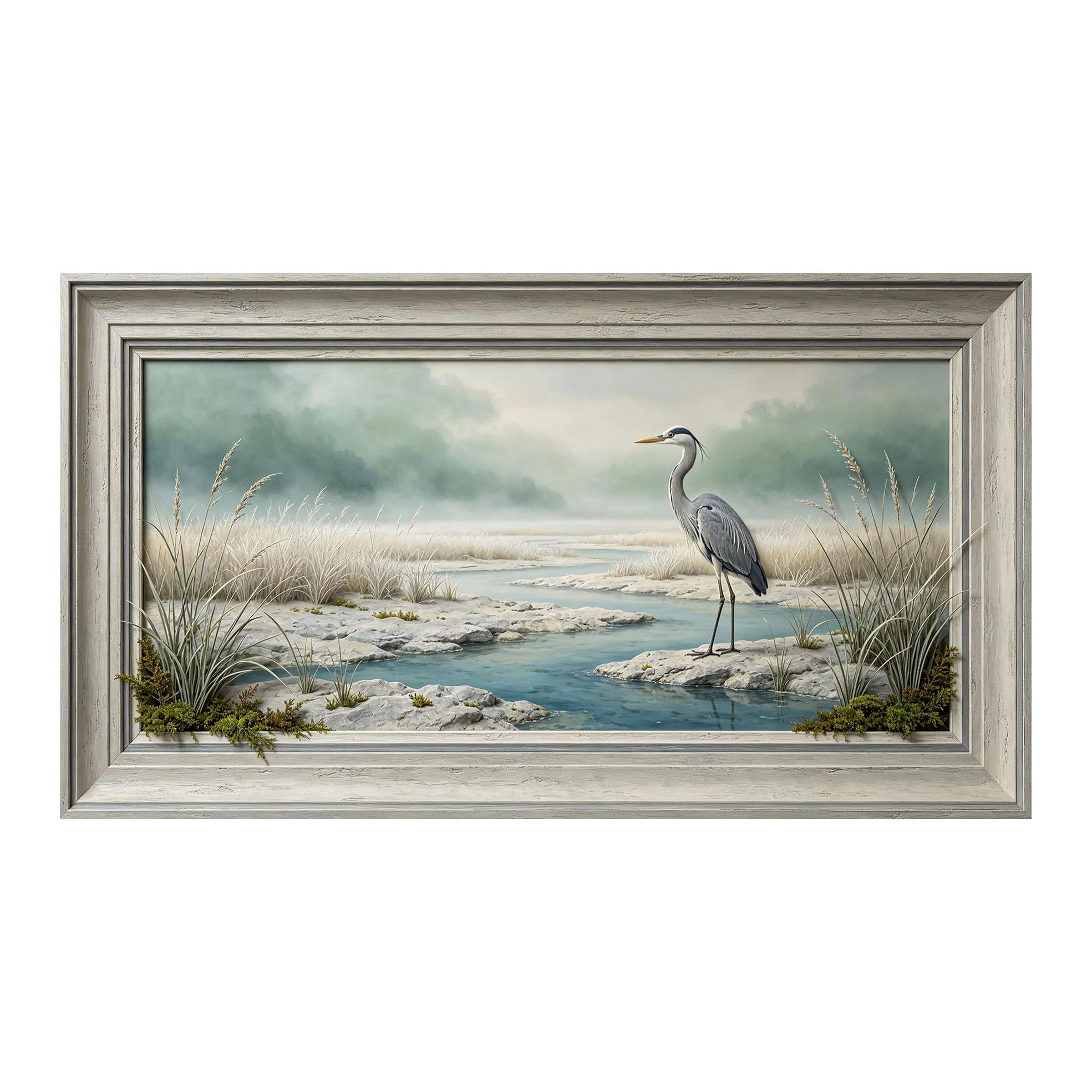 Murasolite 3D 3D Framed Wall Art 50cm×90cm Misty Marsh Landscape Heron Oil Painting SelfAdhesive Fabric Mural Wall Decor, Peel and Stick No Damage to Wall for Bedroom Living Room