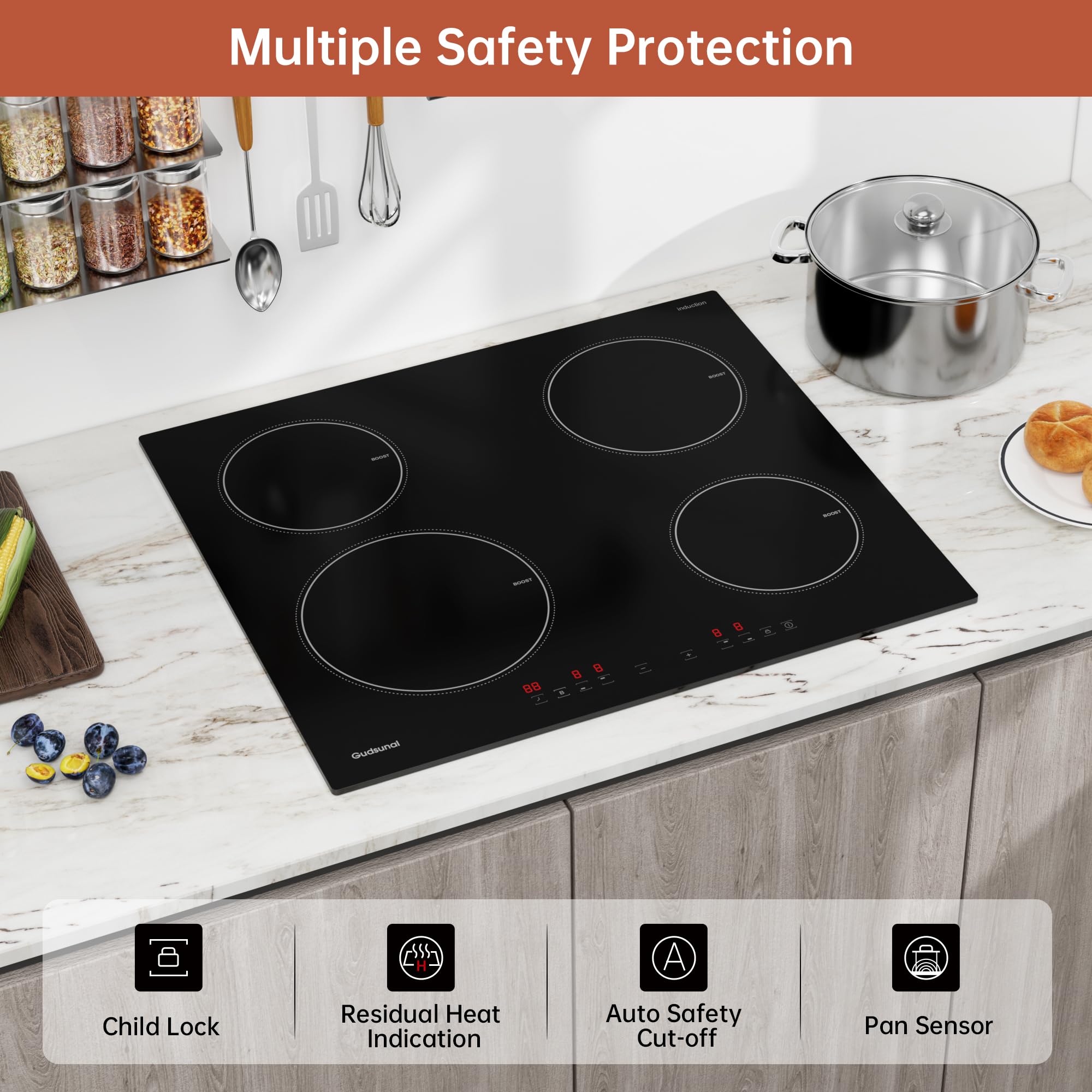 Induction Hob, 4 Cooking Zone, 60 cm, 7200W, Continuous Low Power Heating, Booster, 9 Heat Levels, Timer, Auto Shut-Off, Child Safety Lock, Pan Sensor,Hard Wired, No Plug — view 6
