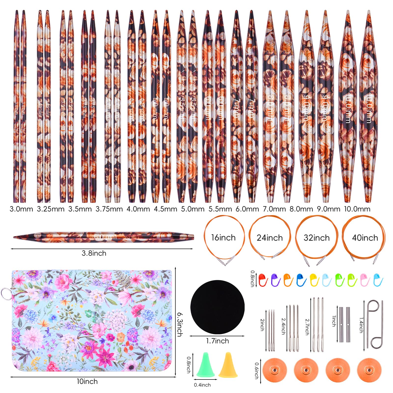 WAZAIGUR Austauschbares Rundstricknadel-Set, Aluminium, 13 Paar, Stricknadeln, Größen 3 mm-10 mm, mit 4 Kabeln