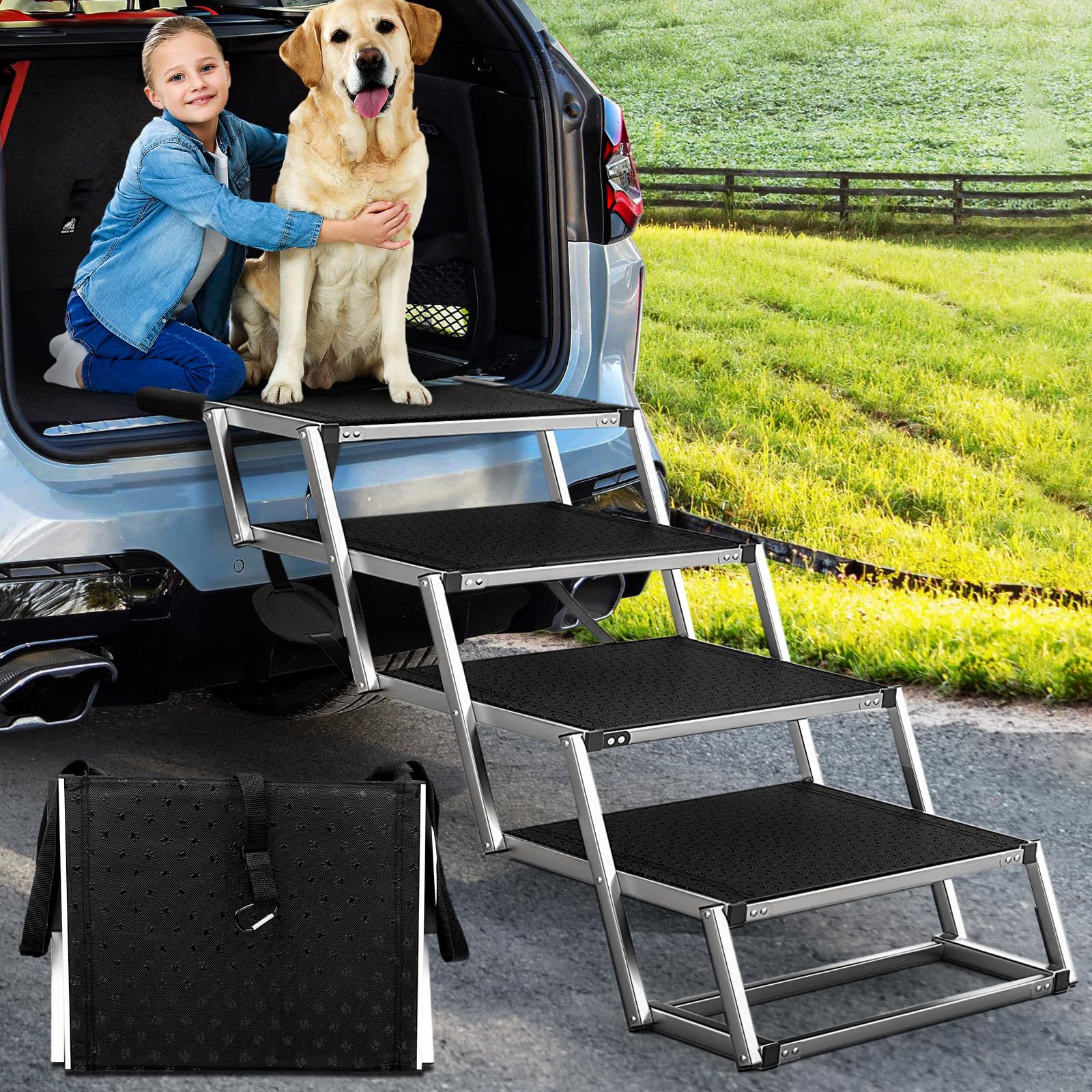 Scala per cani di taglia grande, extra larga, 4 gradini, pieghevole, leggera e antiscivolo, per auto, camion e SUV, supporto fino a 100 kg
