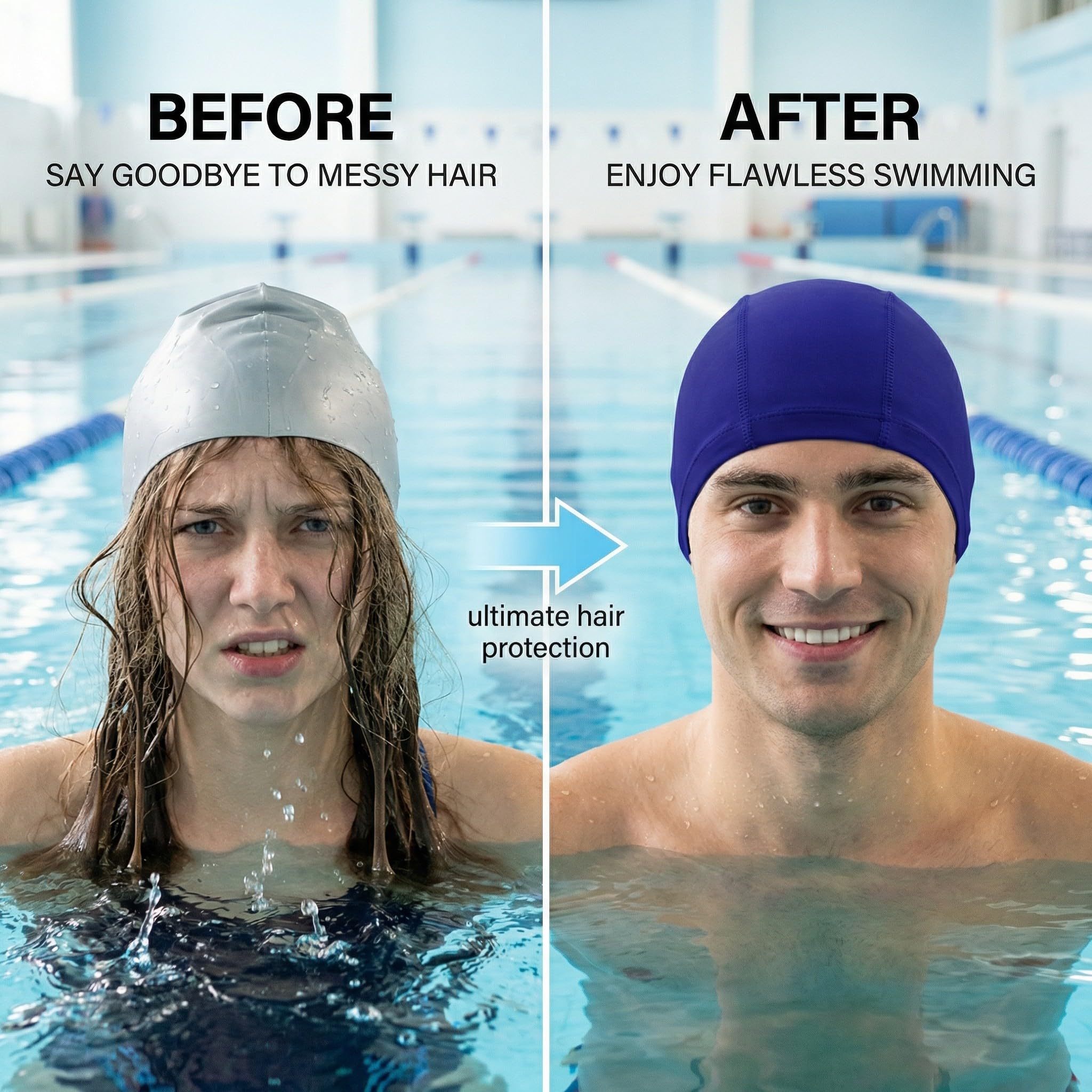 Gorro de Natación de Tela – Cómodo, Duradero y Extraordinariamente Elástico, Ideal para Hombres y Mujeres (Azul + Negro)