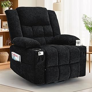 Korser 360° Drehbarer Relaxsessel mit Liegefunktion, Massagesessel mit Wärmefunktion, Fernsehsessel mit Schaukelfunktion und Getränkehalter, Manueller Leigesessel für Babyzimmer Wohnzimmer (Black)