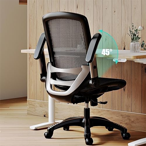 GABRYLLY Silla de oficina ergonómica, silla de escritorio de malla, soporte lumbar y brazos abatibles ajustables, asiento ancho suave, inclinación