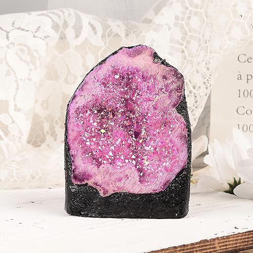 Miniatura 8 de Amogeeli Decoración de muestras minerales de racimo de geoda de cristal con revestimiento de titanio irregular para el hogar y la oficina, 3.53-7.05