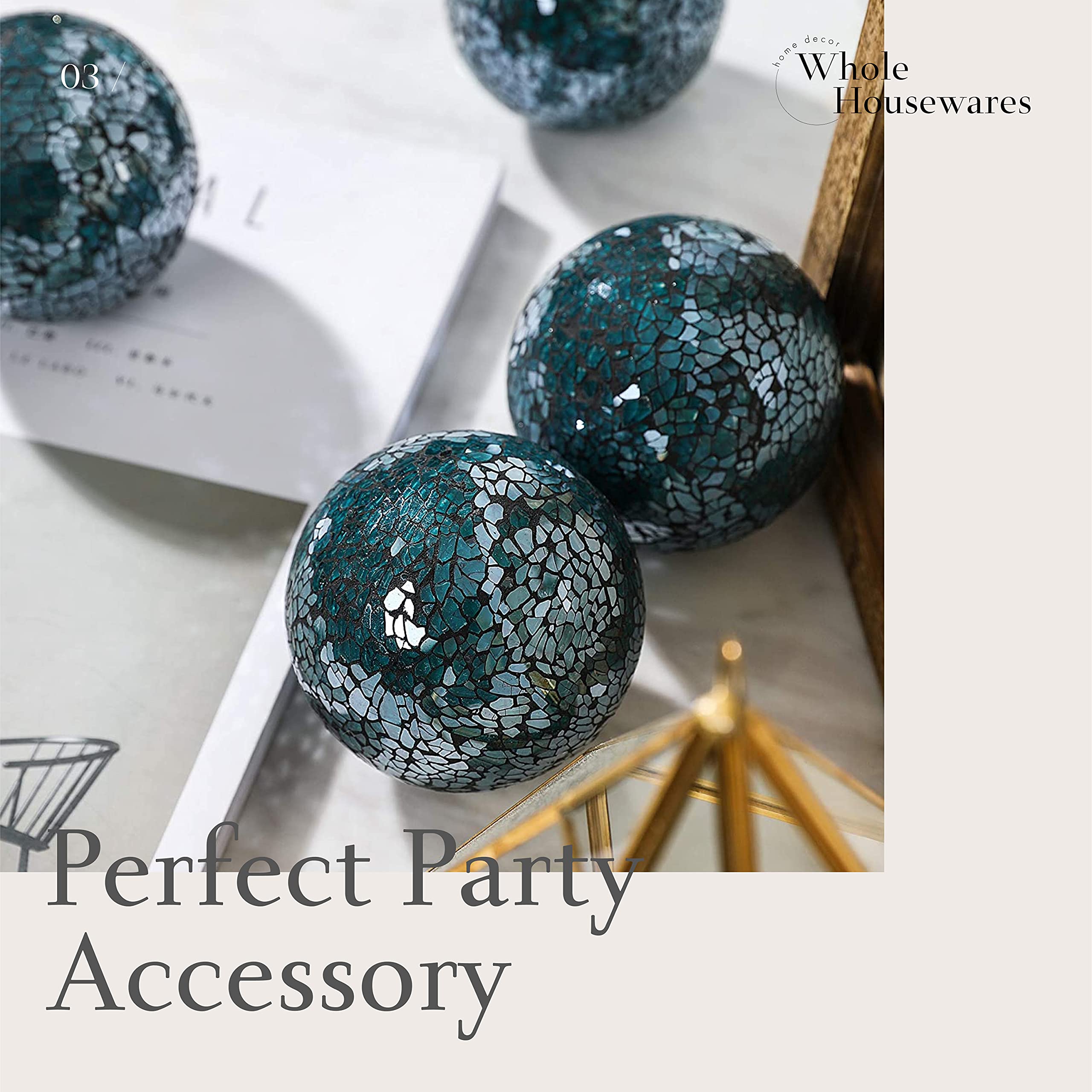 WHOLE HOUSEWARES | Decorative Balls for Centerpiece Bowls | Set of 5 | Glass Mosaic Sphere | Diameter 3" | Home/Garden/Kitchen/Living Room Decor | Decorative Balls for Bowls (Turquoise)