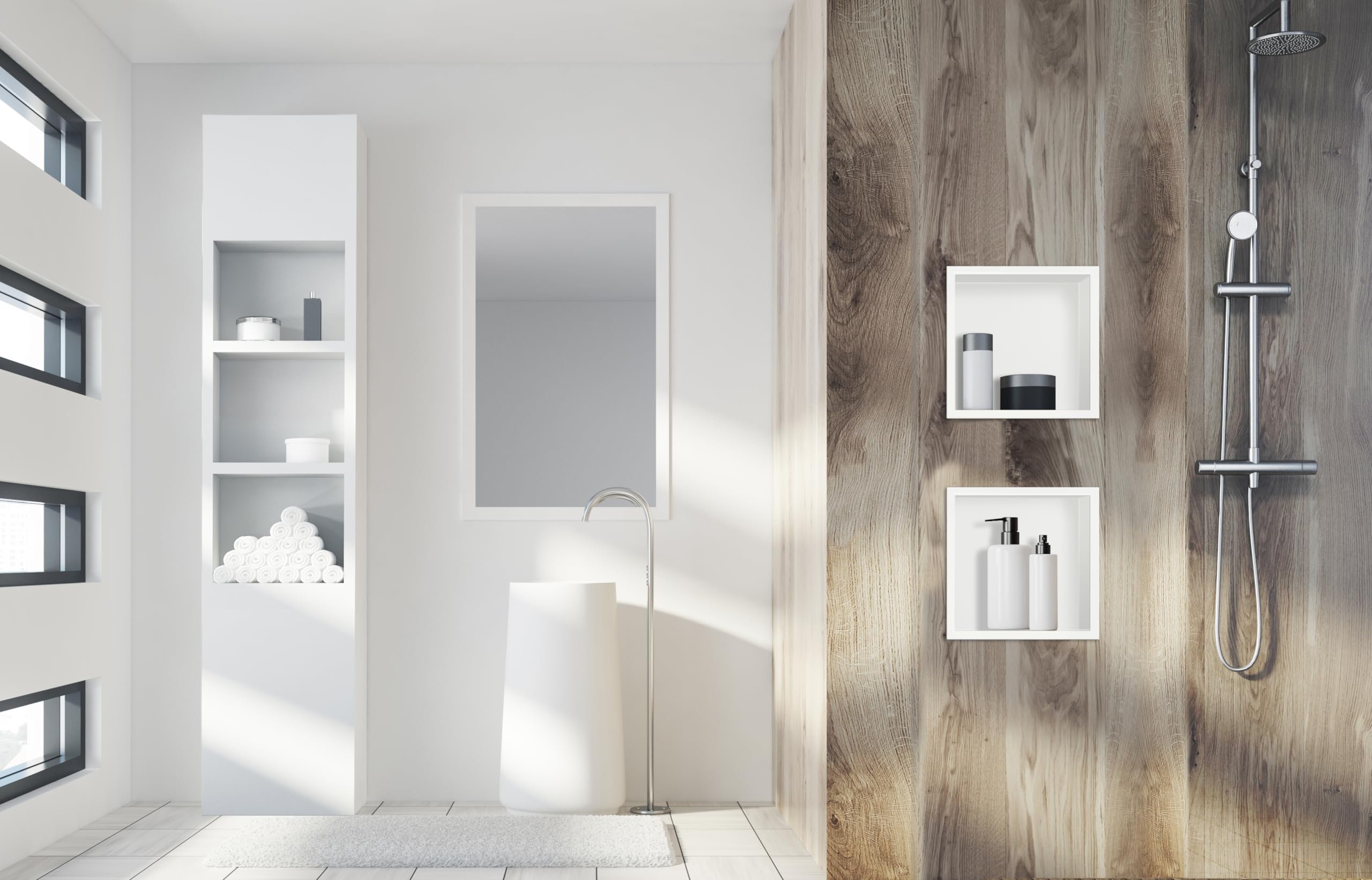 Wall-Box One Nicho de Ducha de Pared de Acero Inoxidable Blanco Nicho de Ducha, Impermeable, Instalación de Nicho Flexible, 30x30x10cm, Blanco, Nicho para Utensilios de Baño, Sin Azulejos