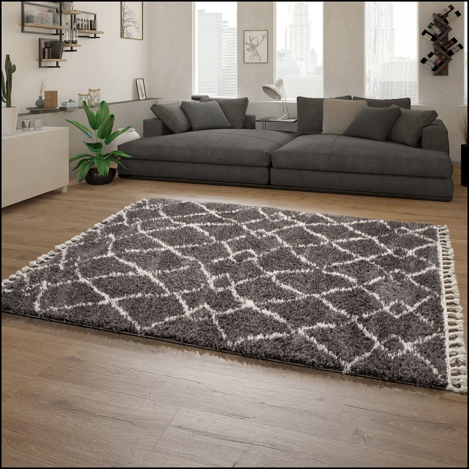 Paco Home Hochflor Teppich Wohnzimmer Shaggy Skandinavisch Fransen Flauschig Modern Langflor, Grösse:140x200 cm, Farbe:Anthrazit